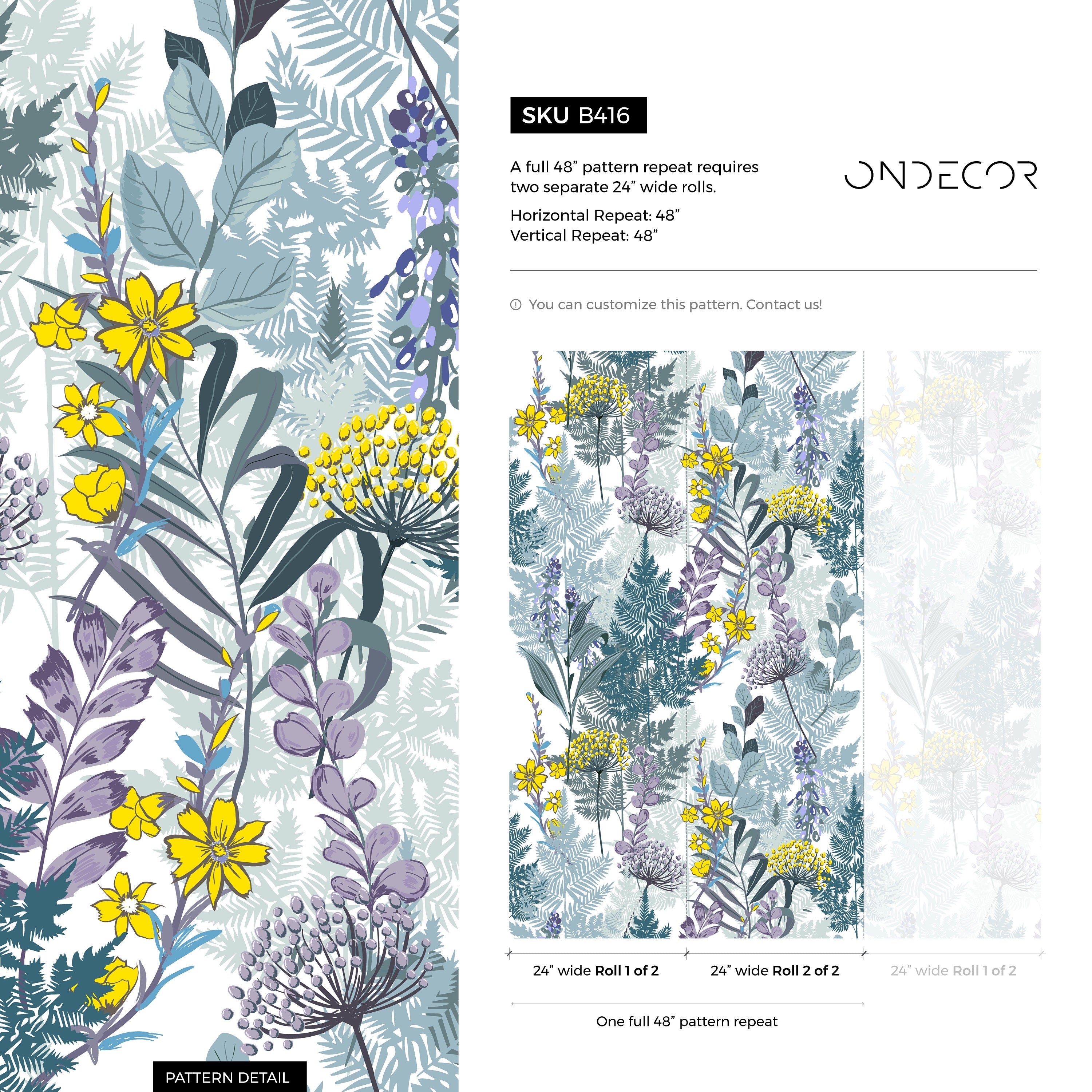 Botanical Wallpaper With Ferns And Wildflowers In Green, Yellow, And Purple - B416