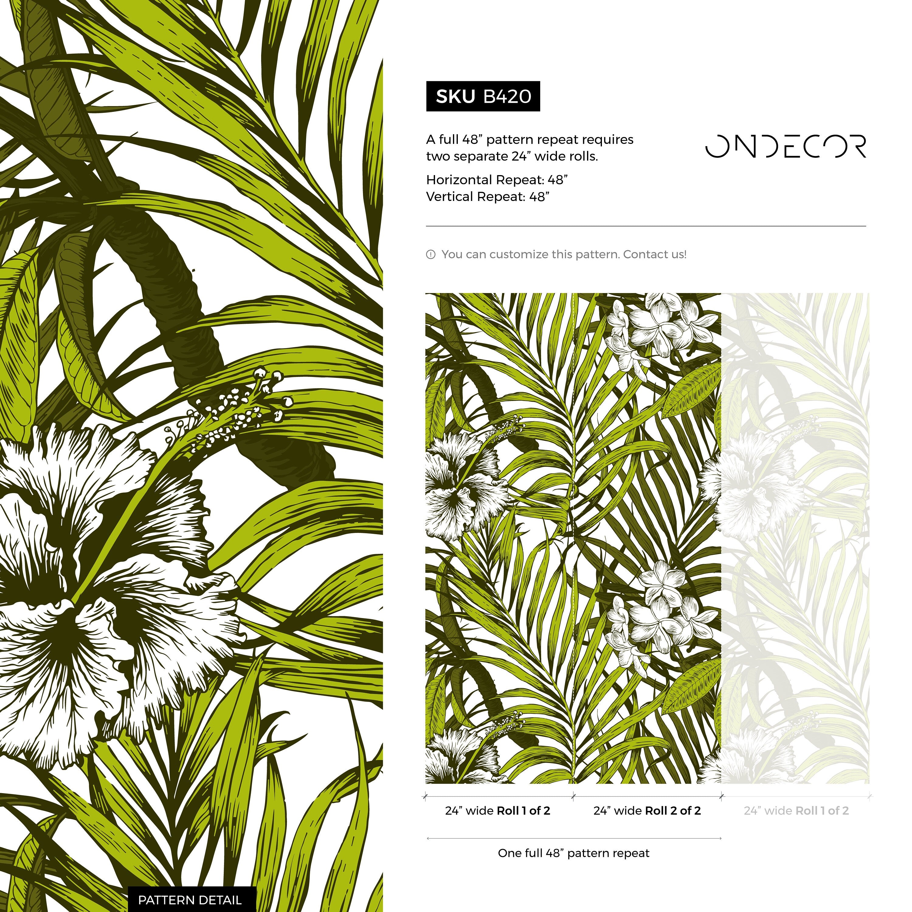 Tropical Wallpaper With Palm Leaves And Hibiscus Flowers In Green And Black - B420