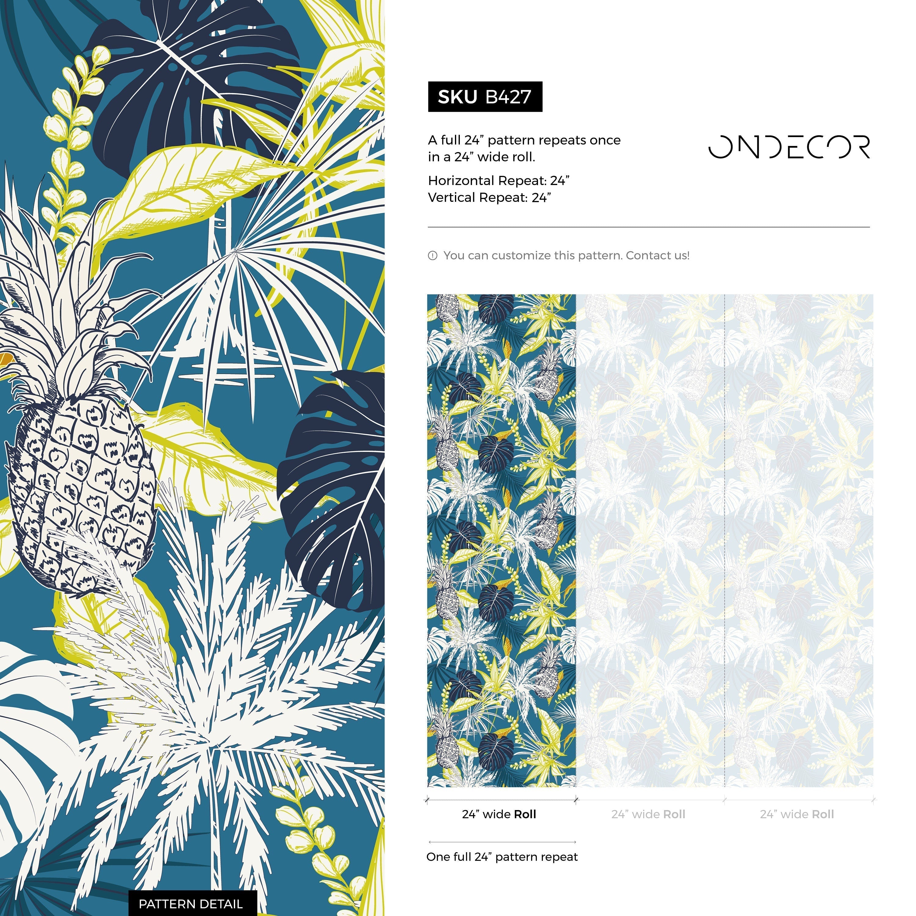 Tropical Wallpaper With Pineapples And Palm Leaves In Teal, Green, And White - B427
