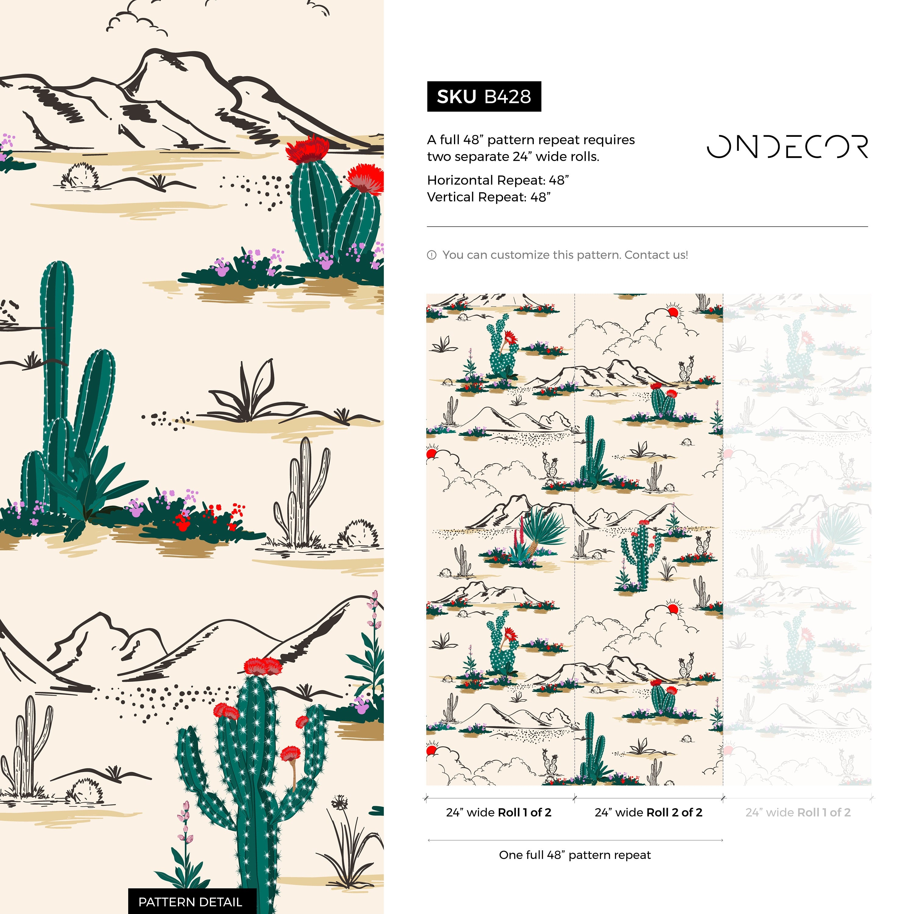 Desert Wallpaper With An Illustrated Cactus Scene In Green, Red, And Black - B428