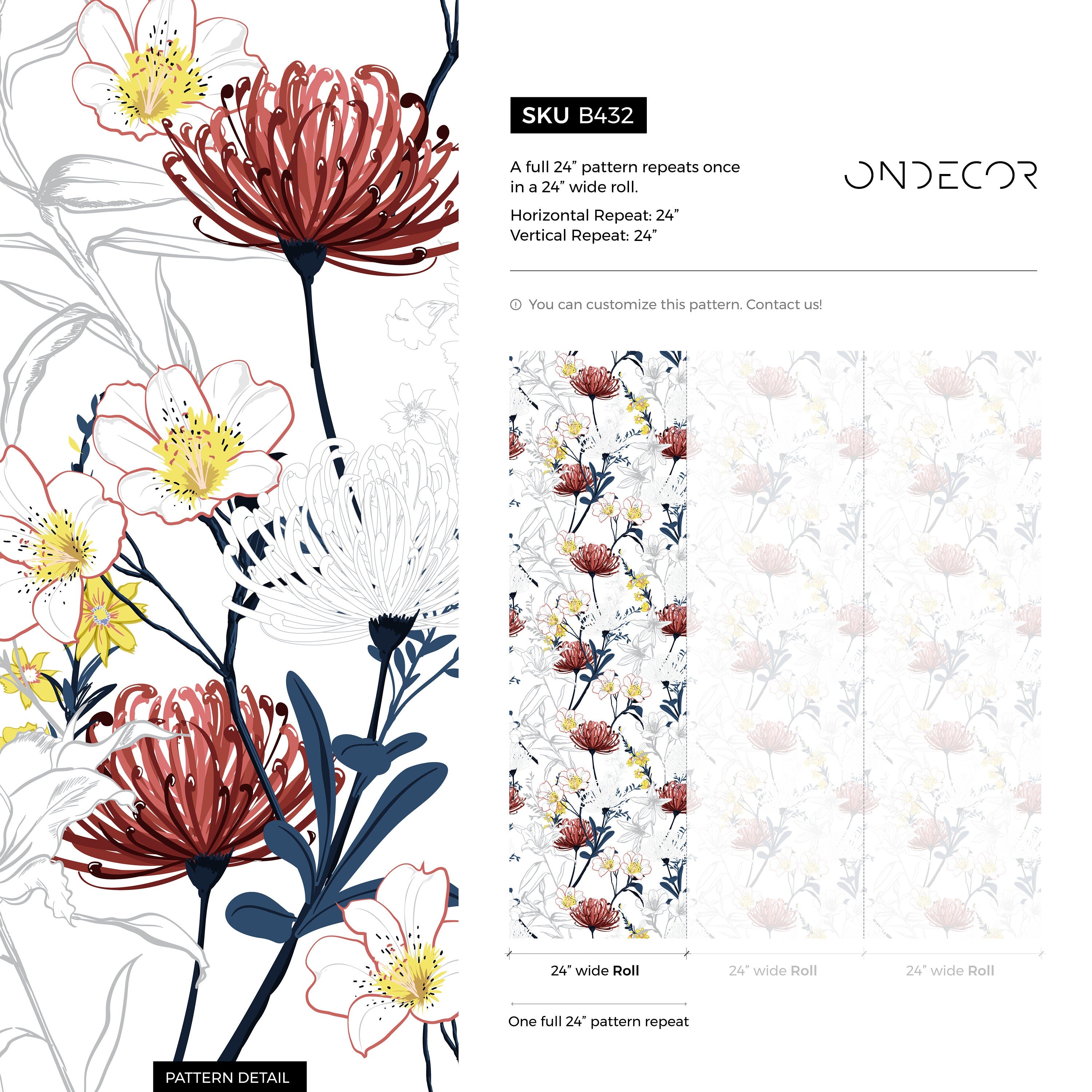 Floral Wallpaper With Outlined Tropical Blooms In Red, Blue, And Yellow - B432
