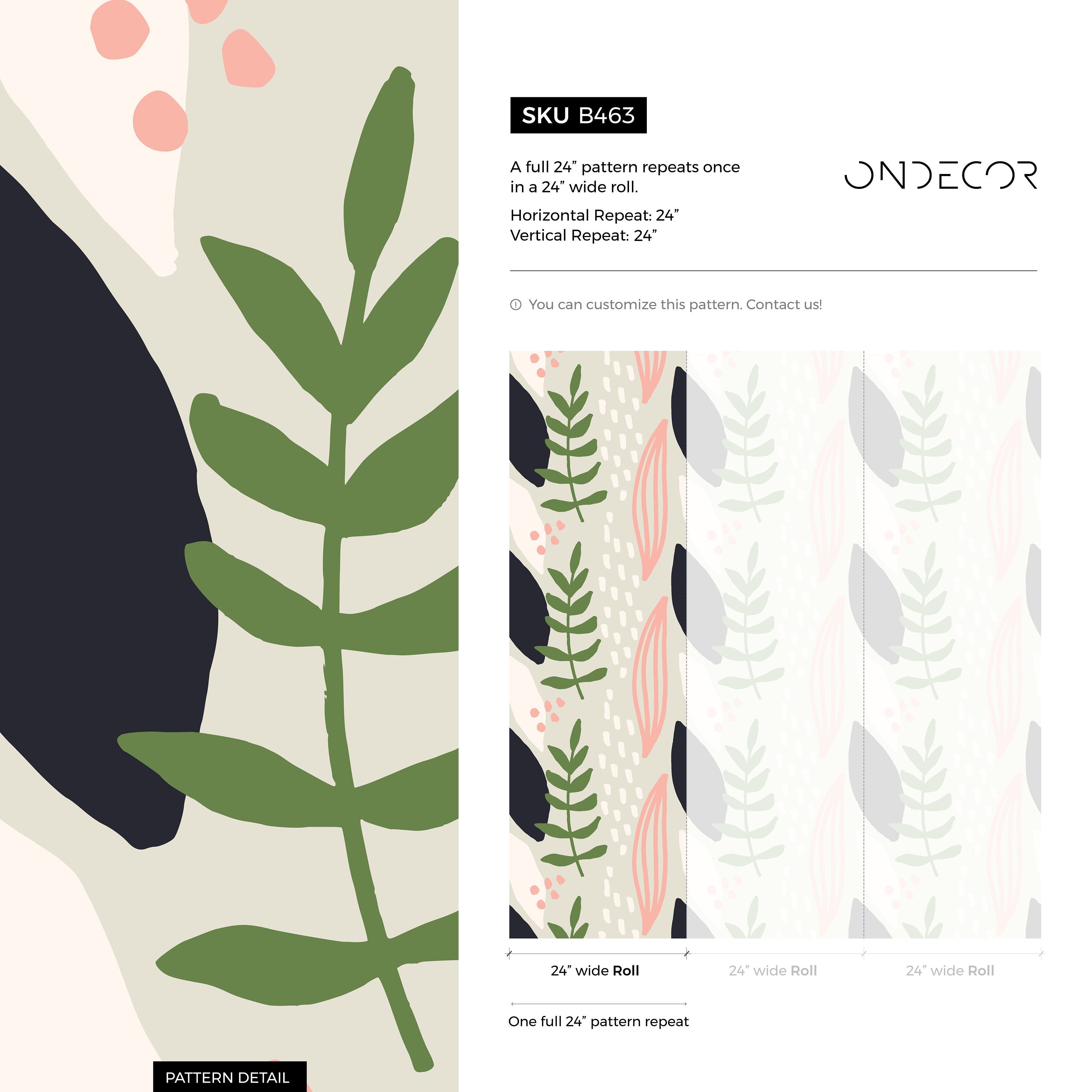 Abstract Wallpaper With Stylized Leaves In Green, Pink, And Black - B463