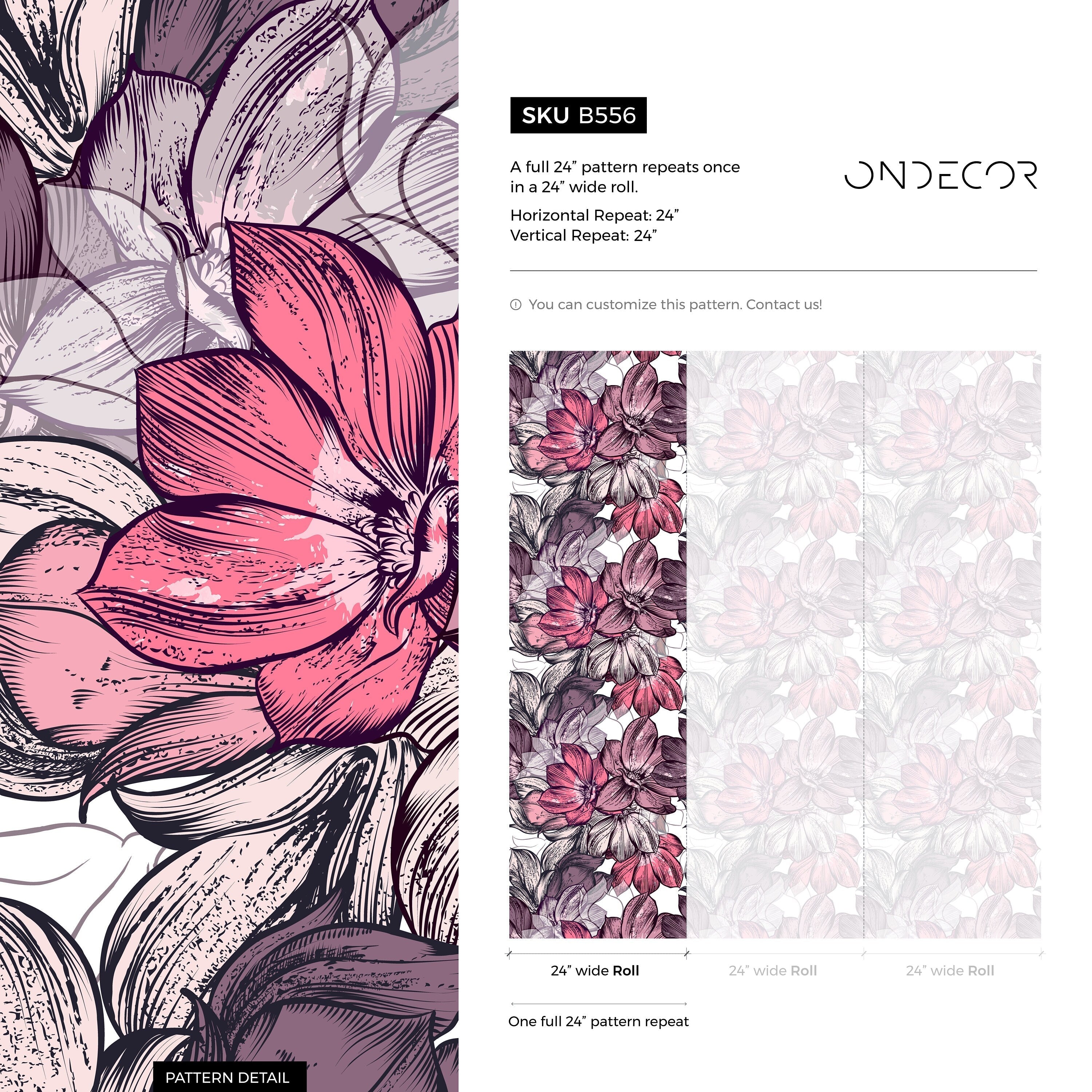 Floral Wallpaper With A Large-scale Sketched Motif In Pink And Purple - B556