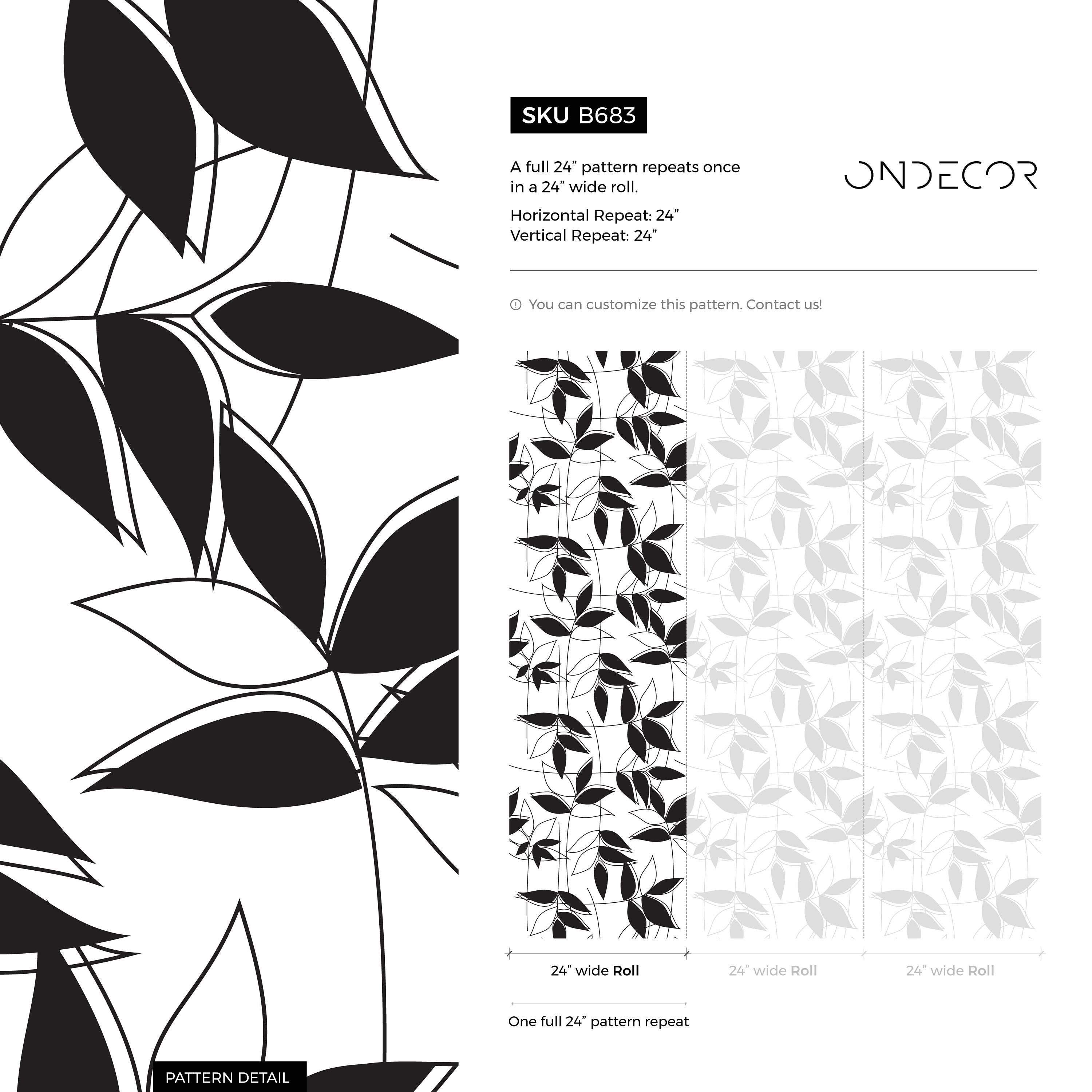 Botanical Wallpaper With A Modern Leaf Trellis In Black And White - B683