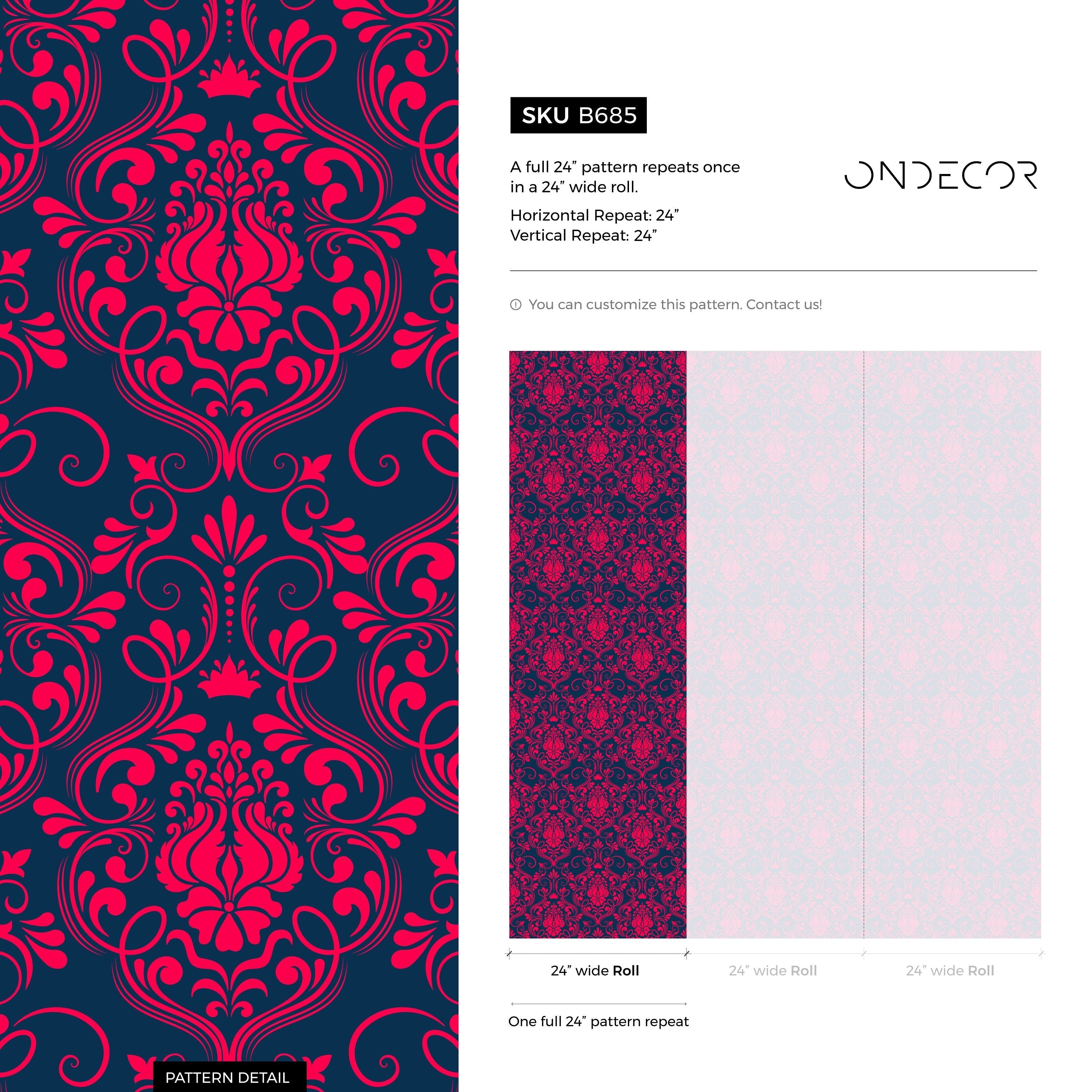 Classic Damask Wallpaper In Magenta And Navy Blue - B685