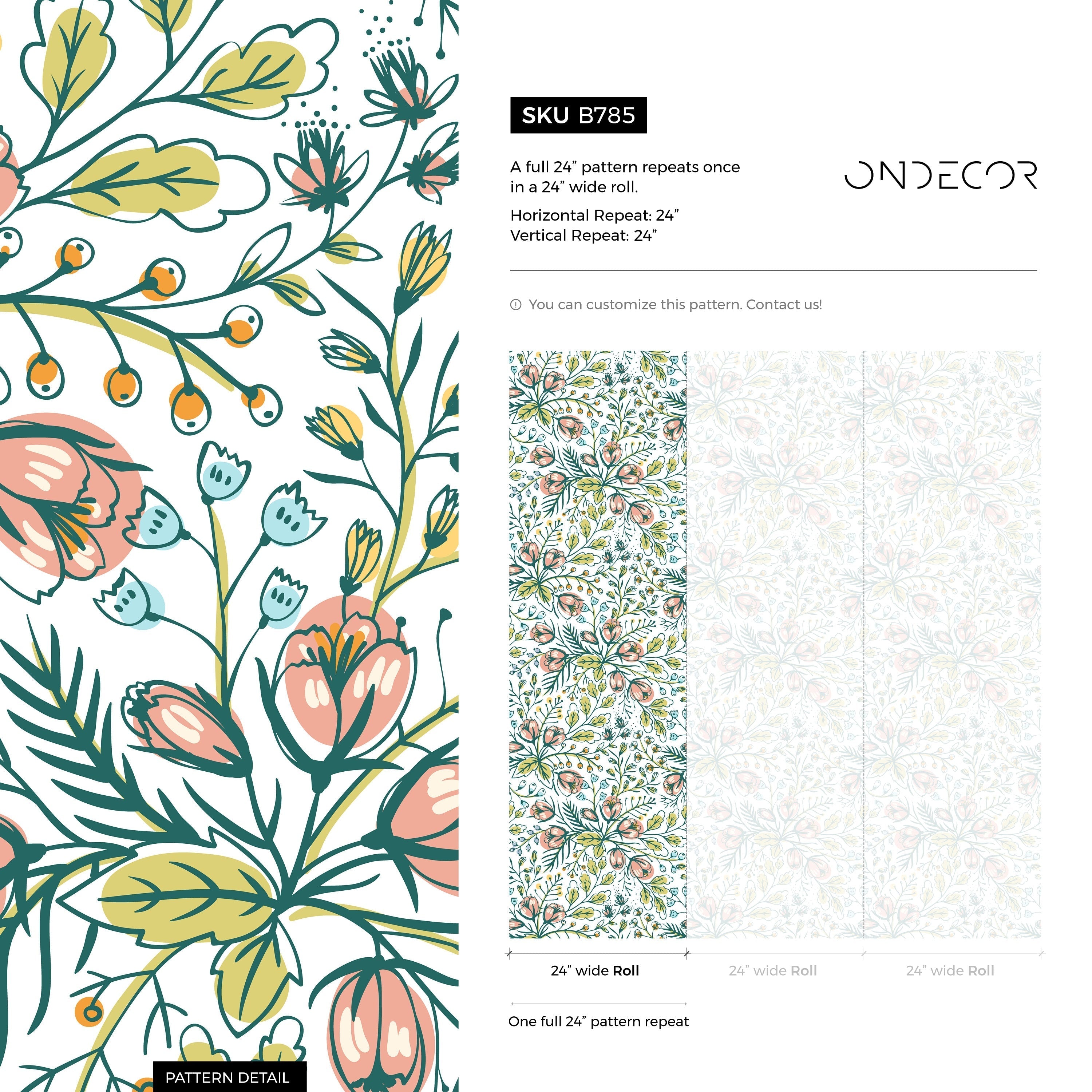 Botanical Wallpaper With Hand-drawn Blooms In Pink, Green, And Blue - B785