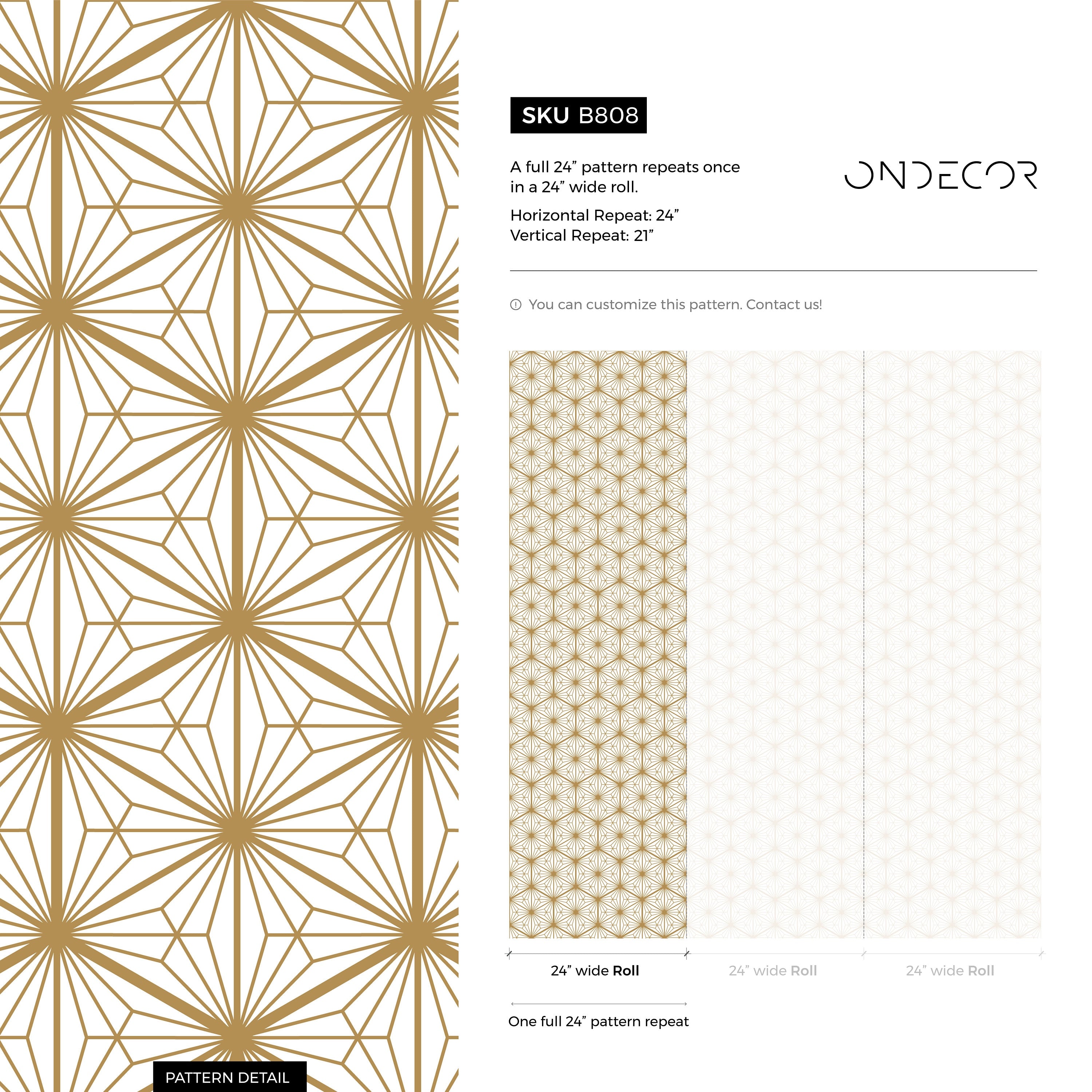 Geometric Wallpaper With An Art Deco Starburst Motif In Gold - B808