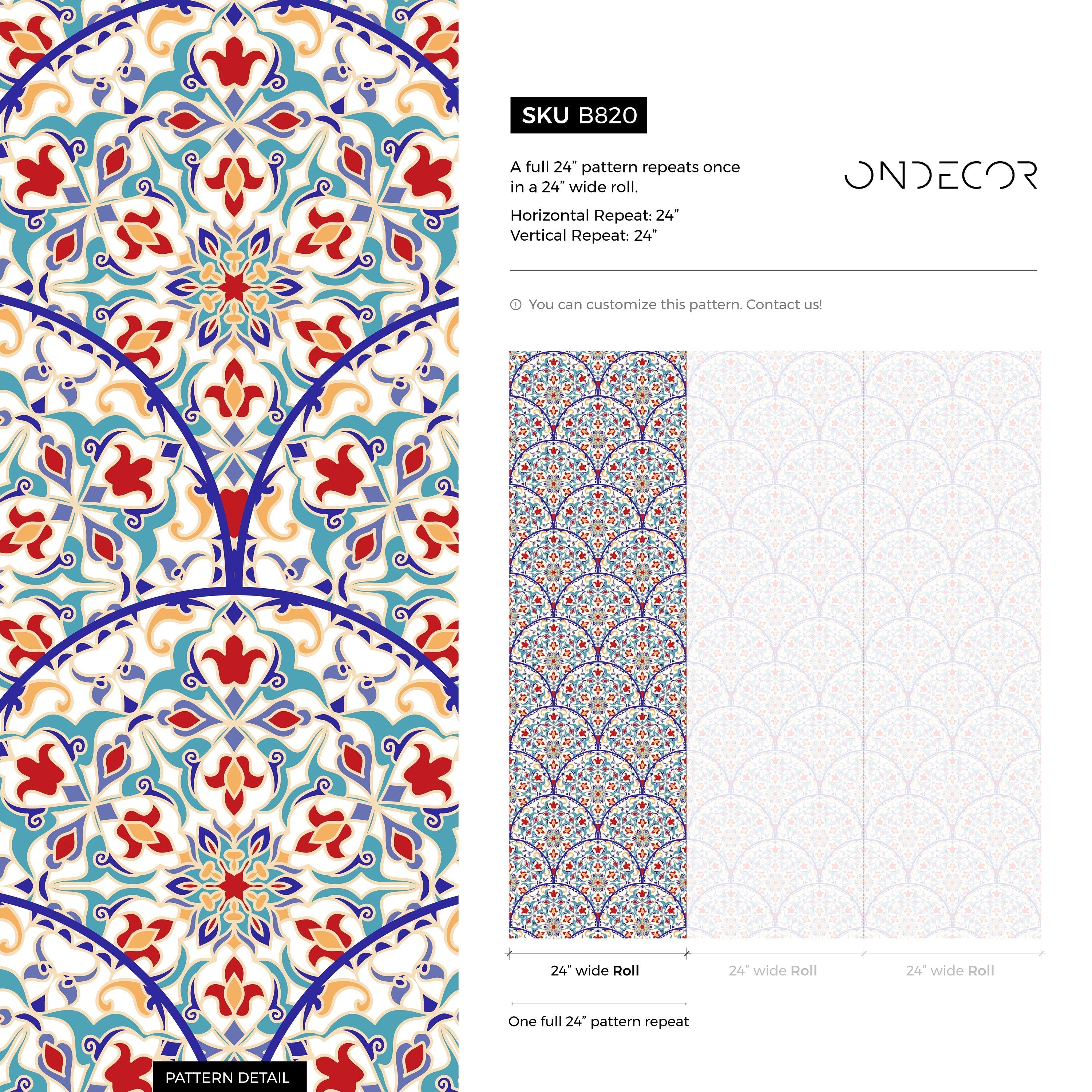 Tile Wallpaper With A Moroccan Azulejo Motif In Blue, Red, And Yellow - B820
