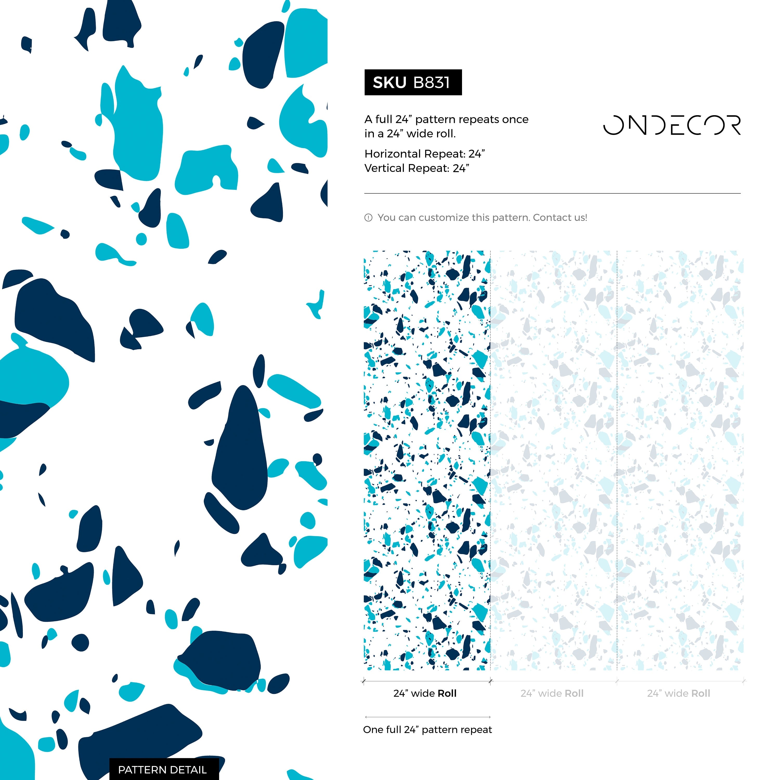 Terrazzo Wallpaper With Abstract Stone Chips In Navy And Turquoise - B831