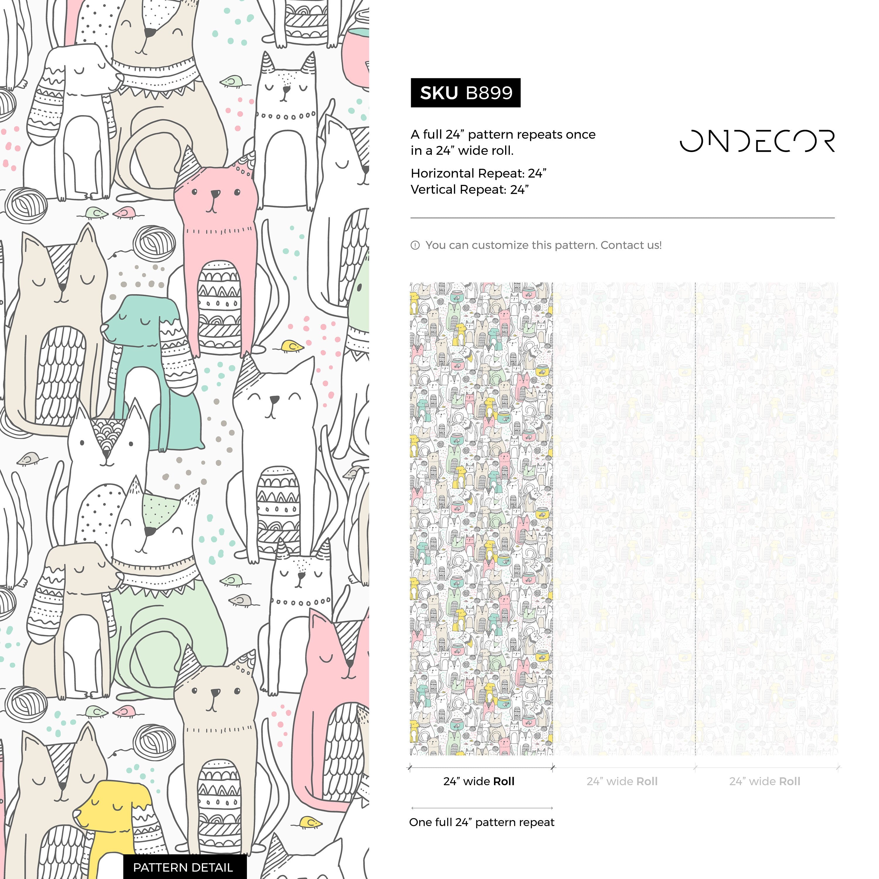 Kids Wallpaper Featuring Whimsical Cats And Dogs In Pink, Green, And Yellow - B899