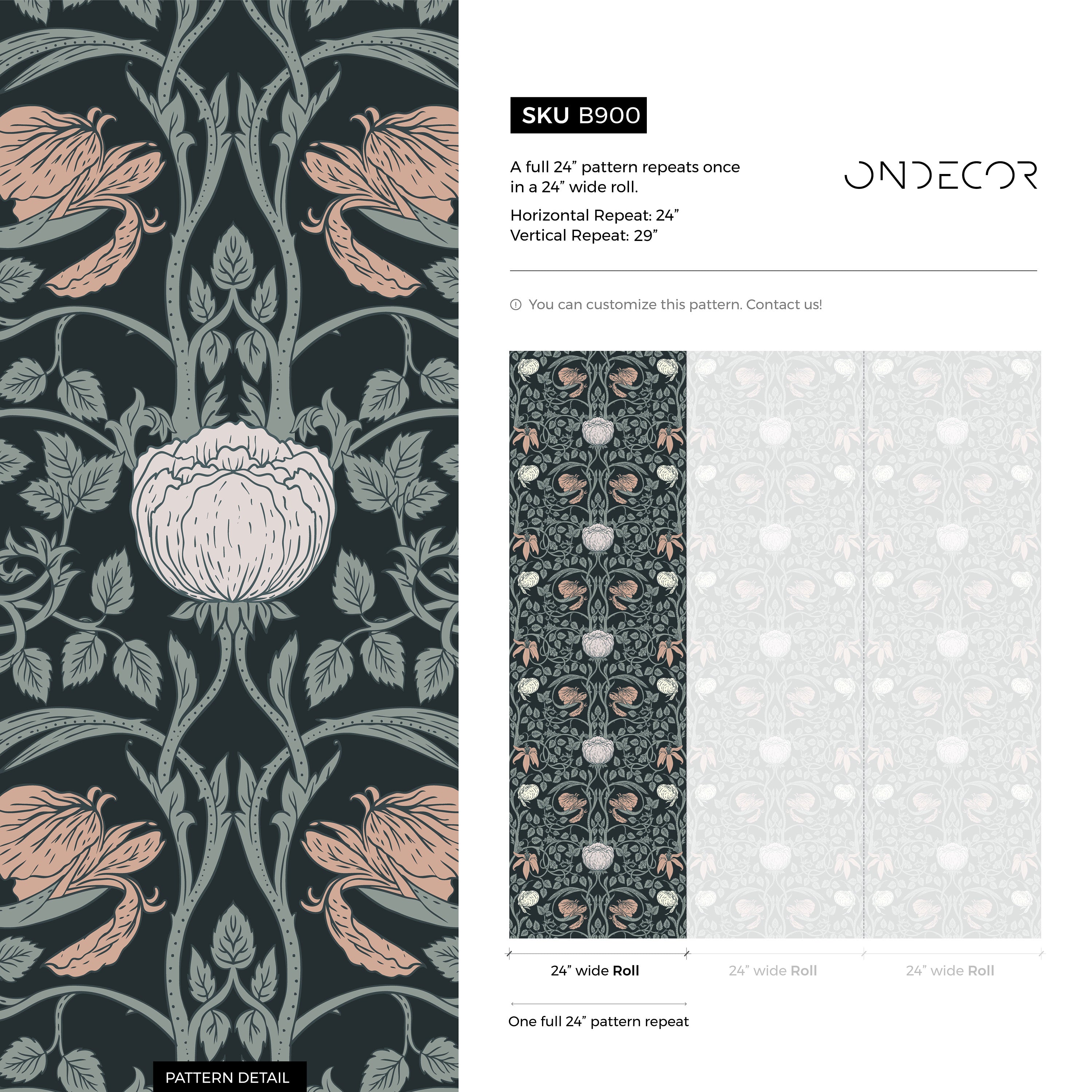 Art Nouveau Wallpaper With Intricate Floral Vines In Black, Green, And Pink - B900
