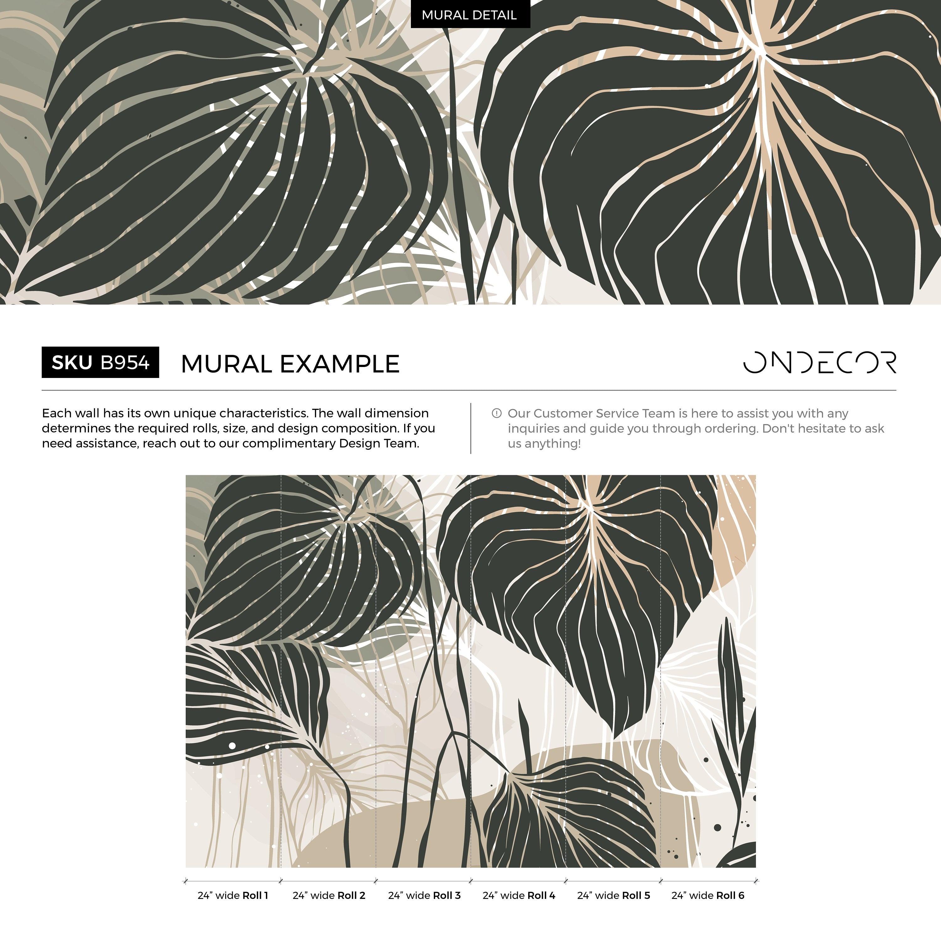 Botanical Wallpaper With Stylized Tropical Leaves In Dark Green, Sage, And Beige - B954