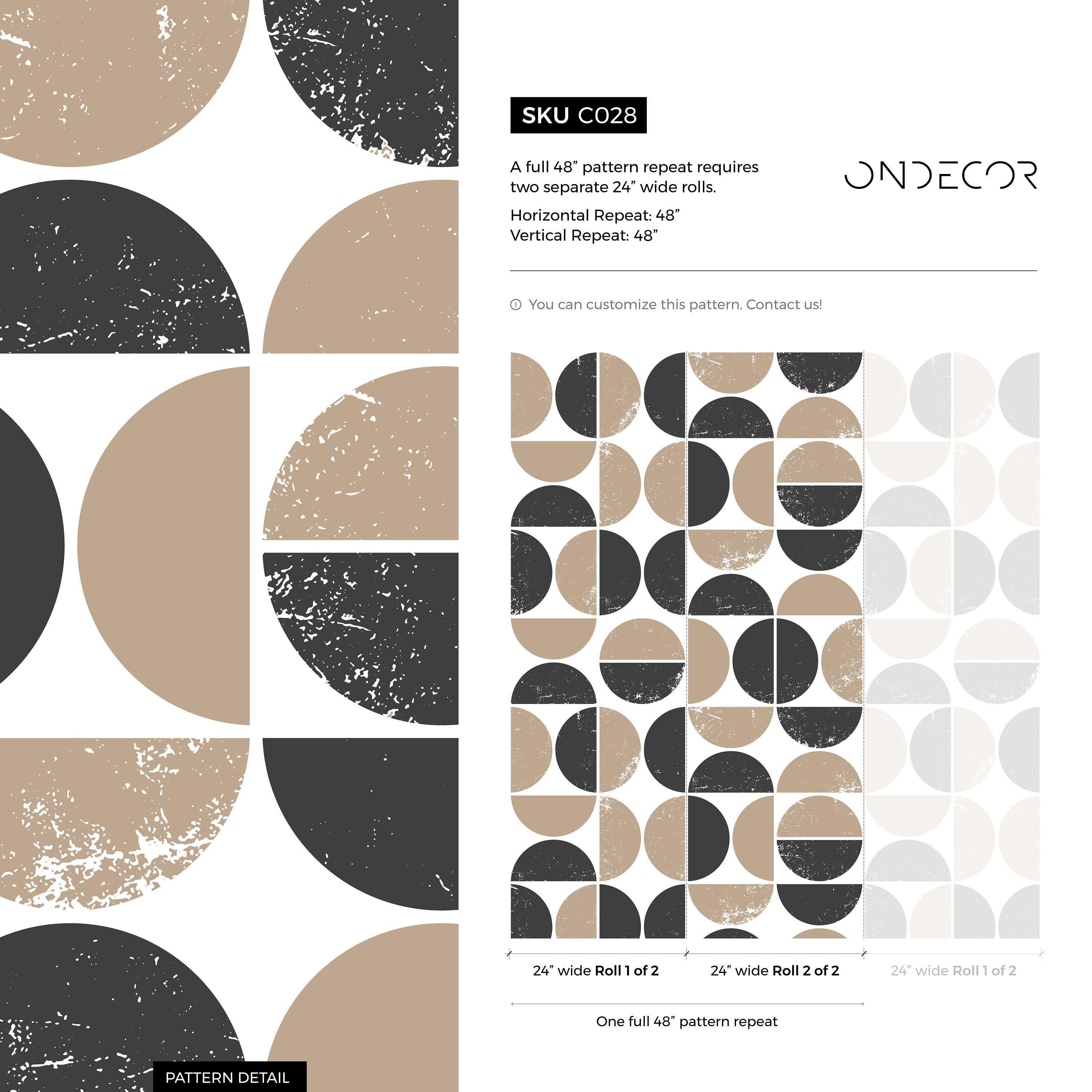Geometric Wallpaper With A Distressed Circle Motif In Black And Beige - C028