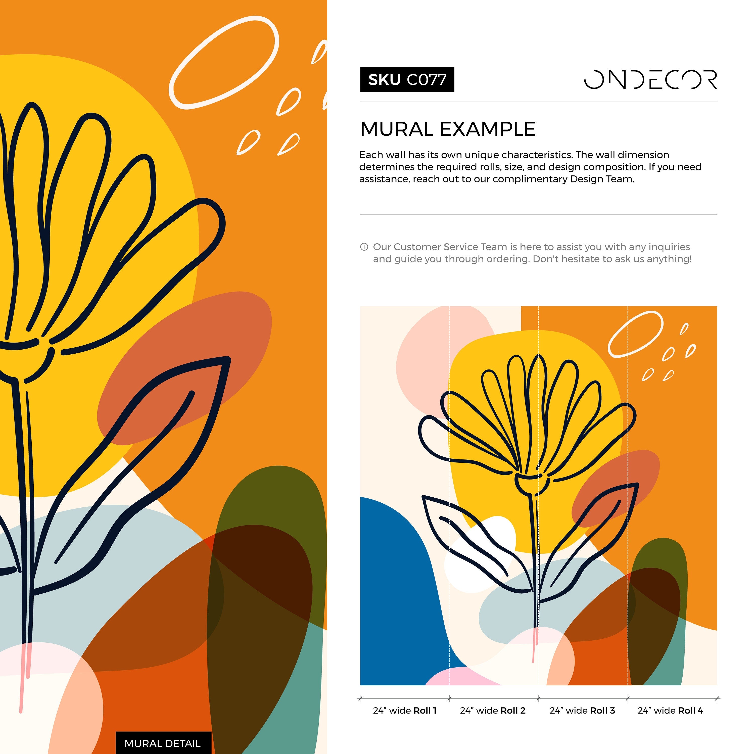 Abstract Wallpaper With A Bold Line Art Flower In Yellow, Orange, And Blue - C077