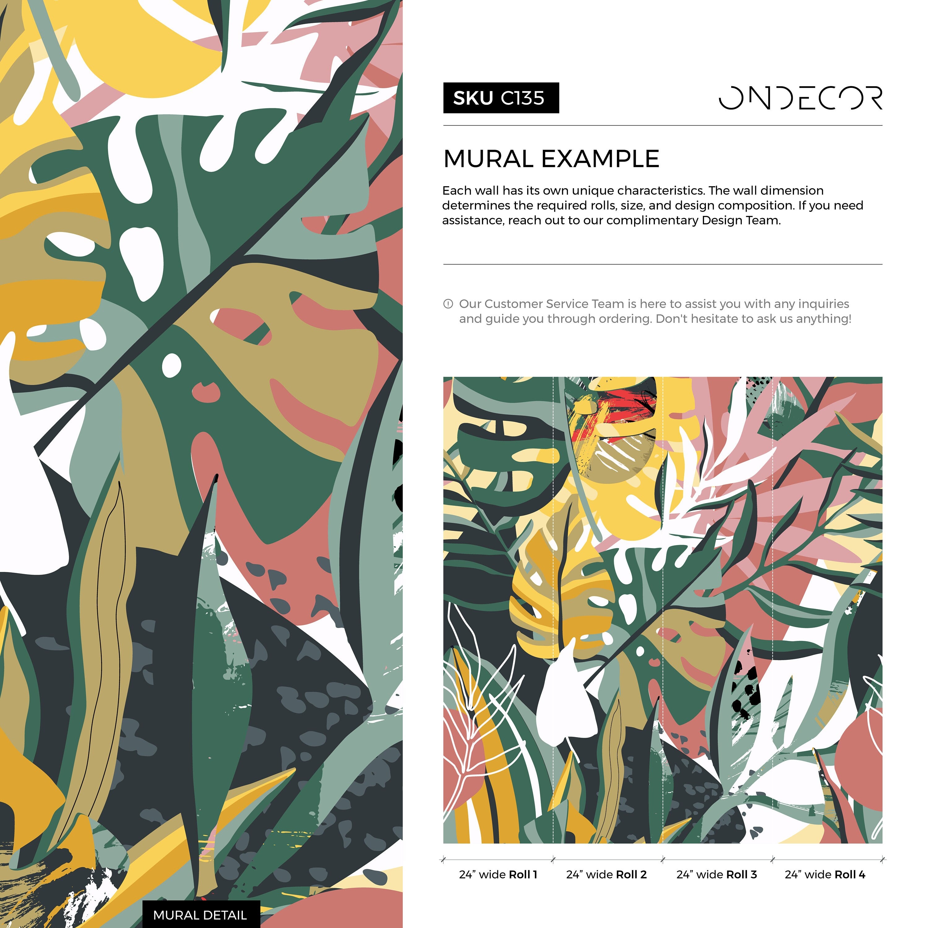 Botanical Wallpaper With Abstract Tropical Leaves In Green, Yellow, And Pink - C135