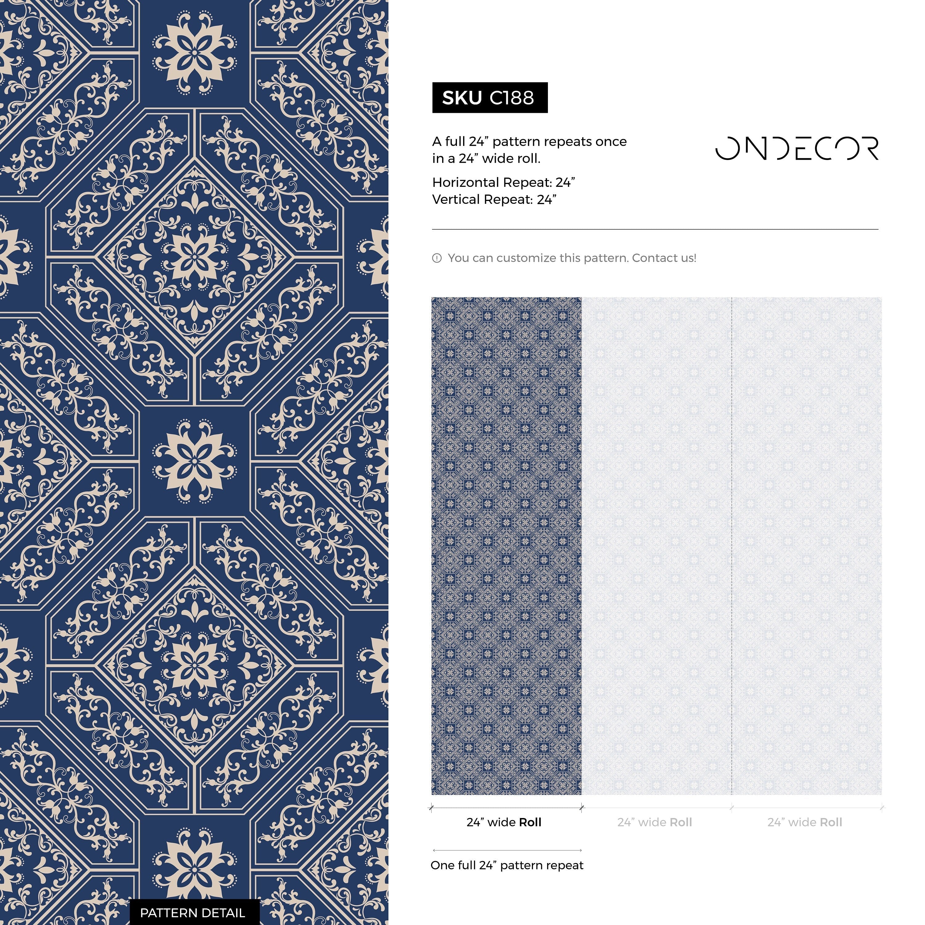 Geometric Wallpaper With An Intricate Tile Motif In Navy Blue And Beige - C188