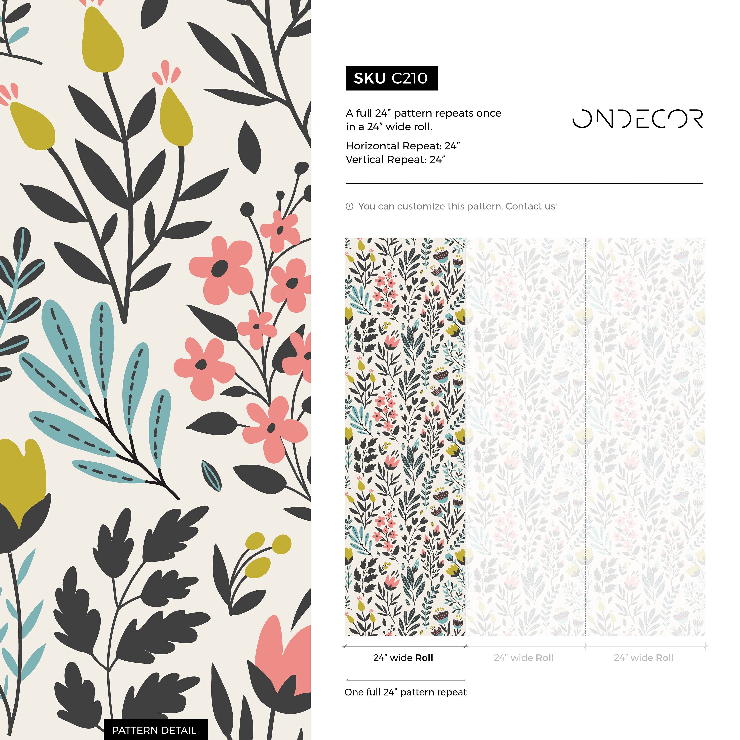 Floral Wallpaper With A Folk Art Meadow In Black, Pink, And Teal - C210