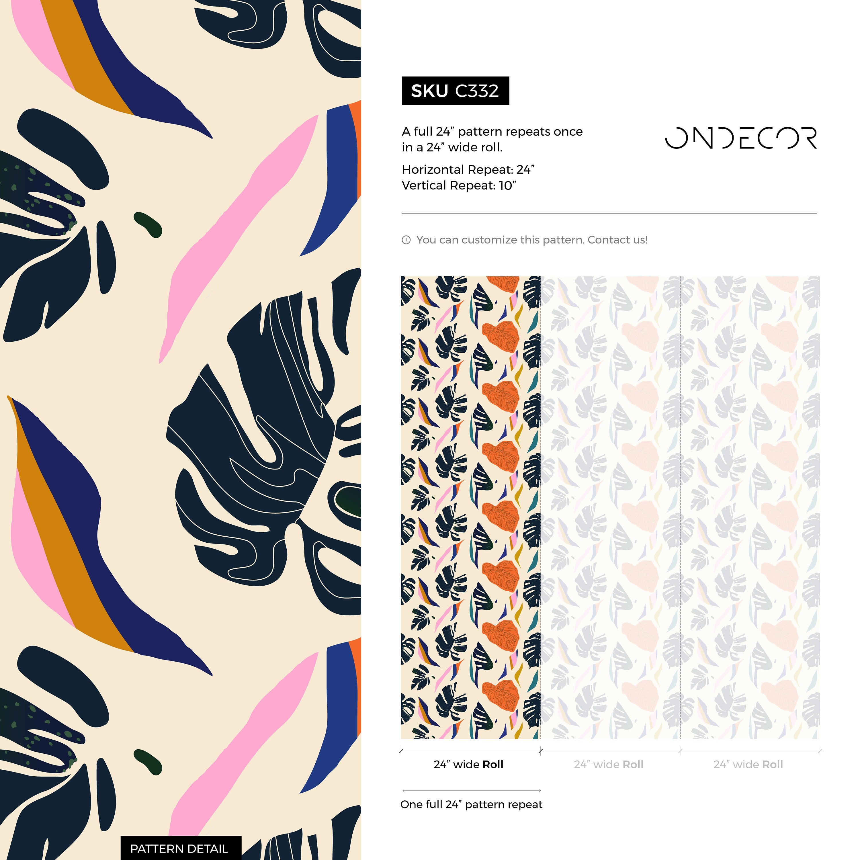 Botanical Wallpaper With Abstract Monstera Leaves In Dark Blue, Orange, And Teal - C332