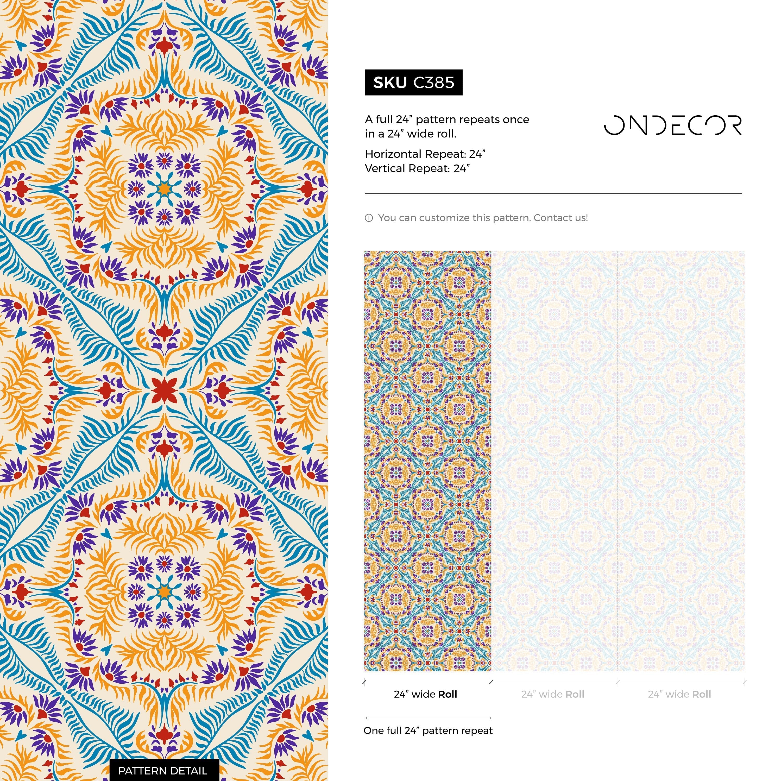 Vintage Wallpaper With An Intricate Tile Motif In Blue, Orange, And Purple - C385