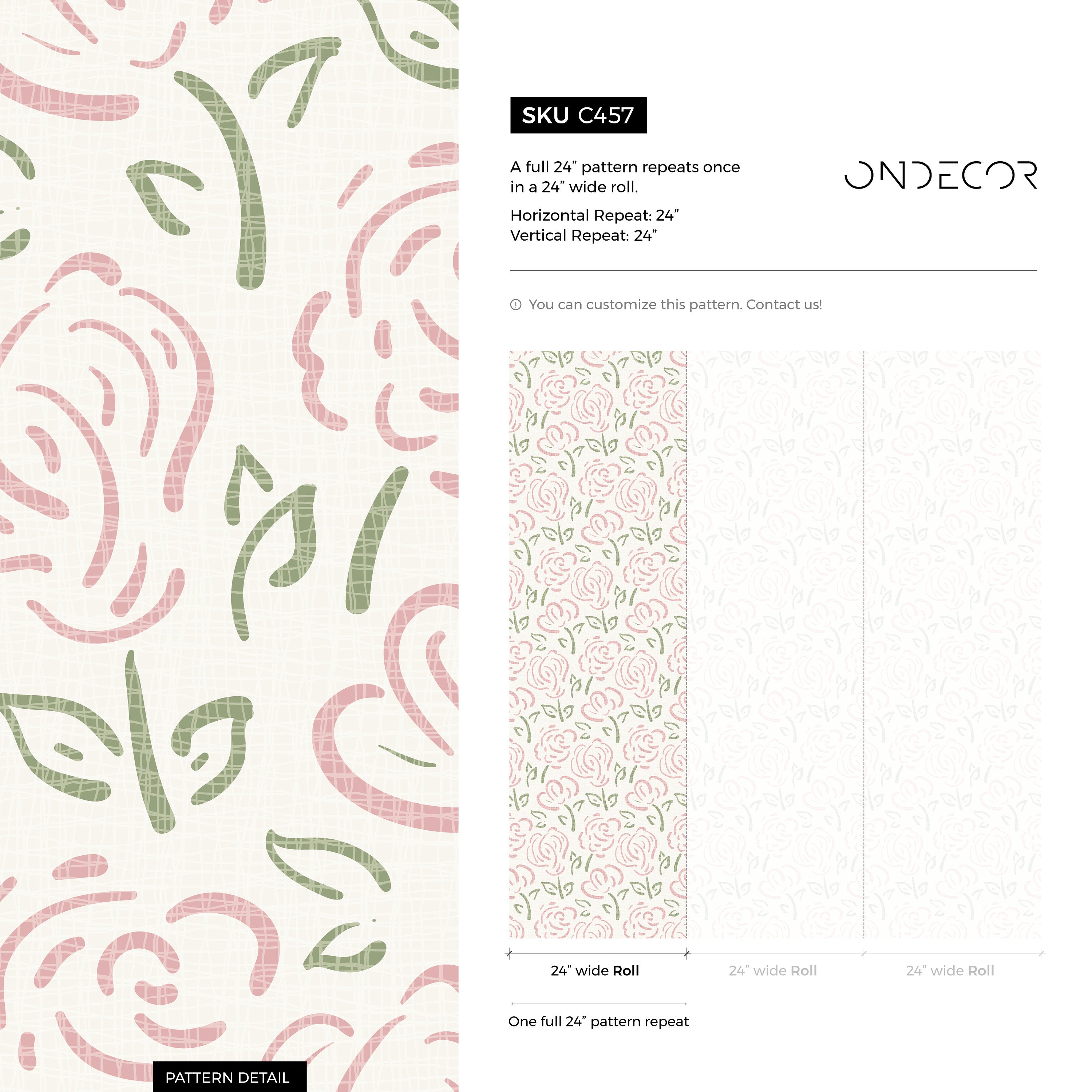 Floral Wallpaper Featuring Sketched Roses In Pink And Green - C457