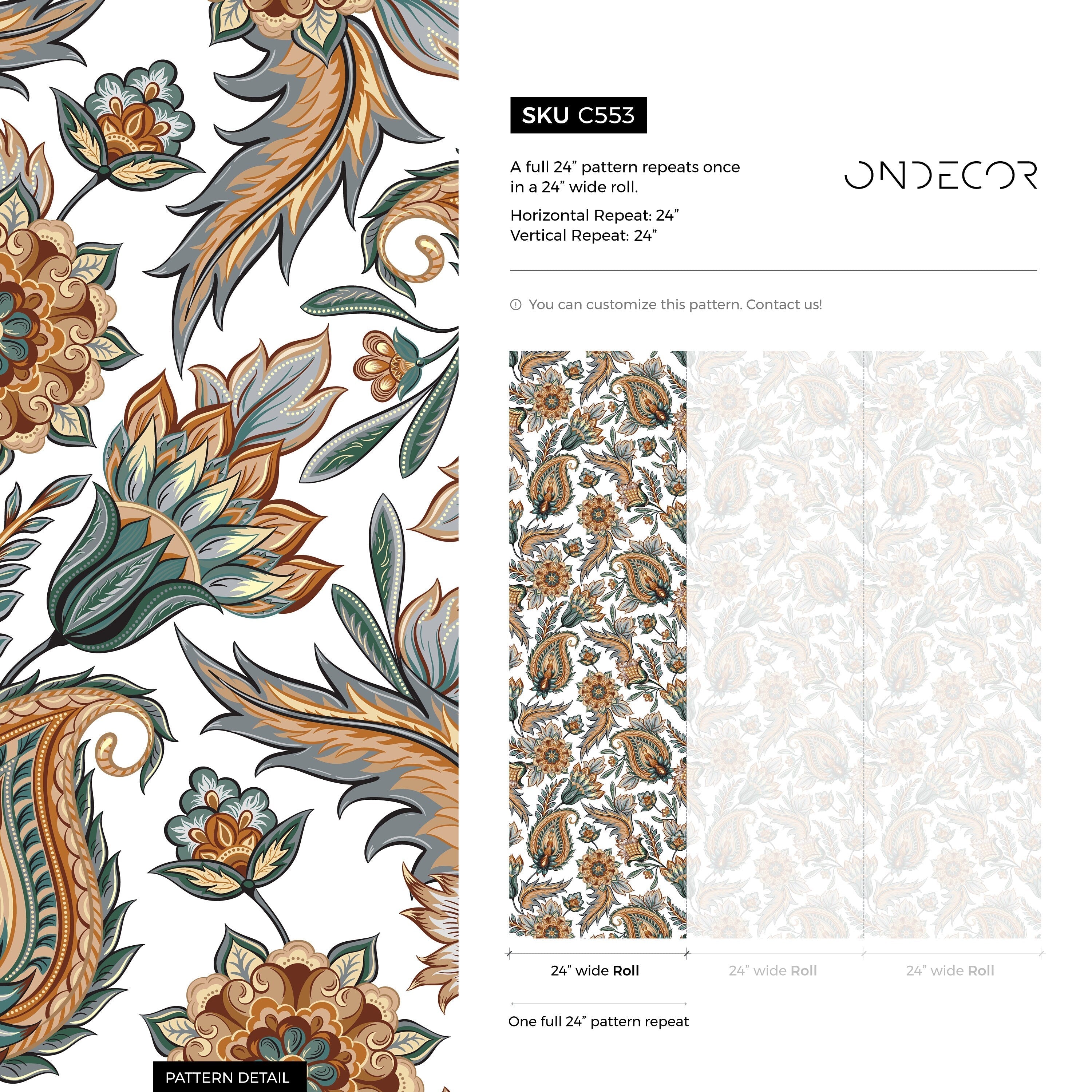 Paisley Wallpaper With Ornate Floral Details In Teal, Orange, And Blue - C553