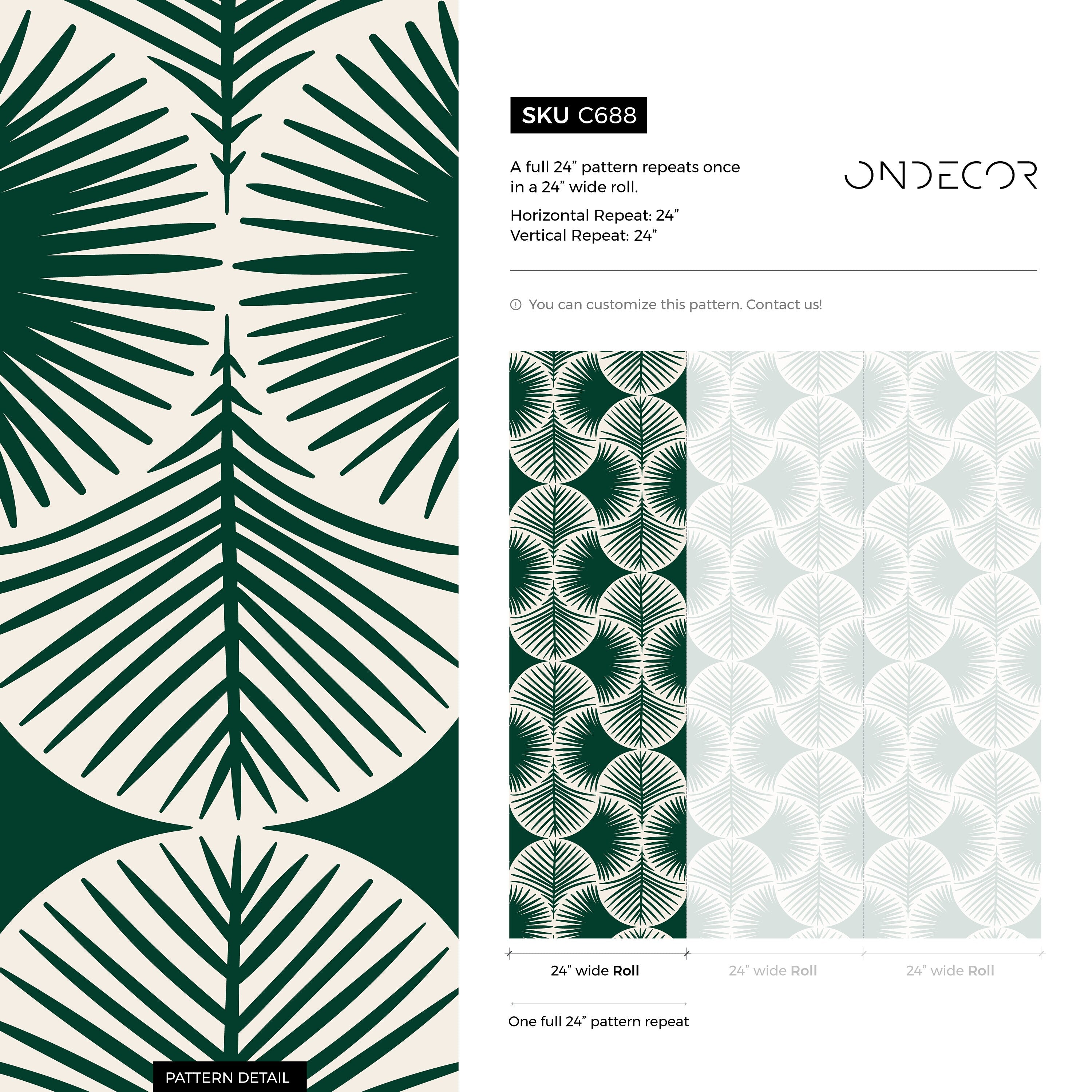 Botanical Wallpaper With A Modern Palm Fan Motif In Green And White - C688