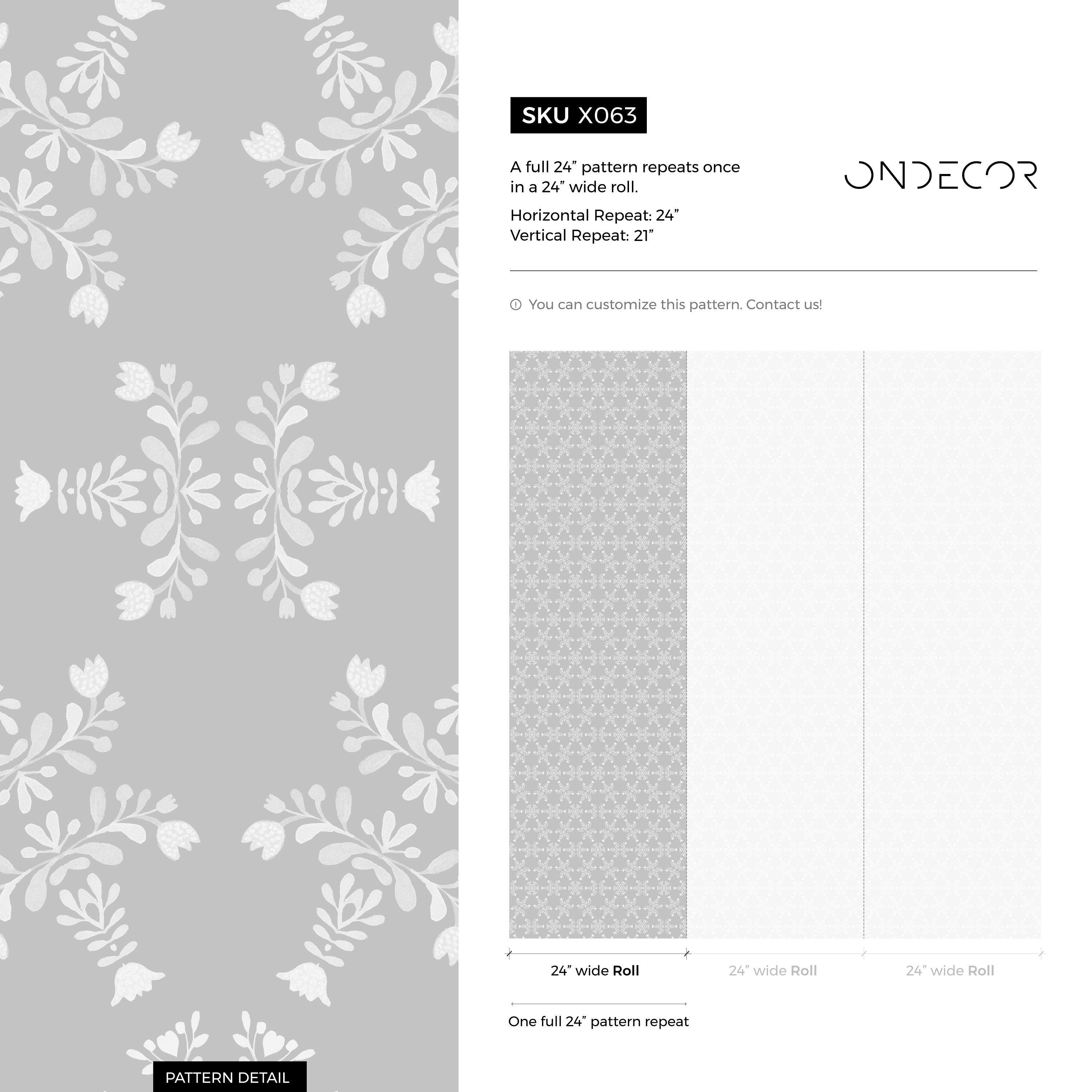 Damask Wallpaper With A Scandinavian Folk Art Motif In Gray And White - X063