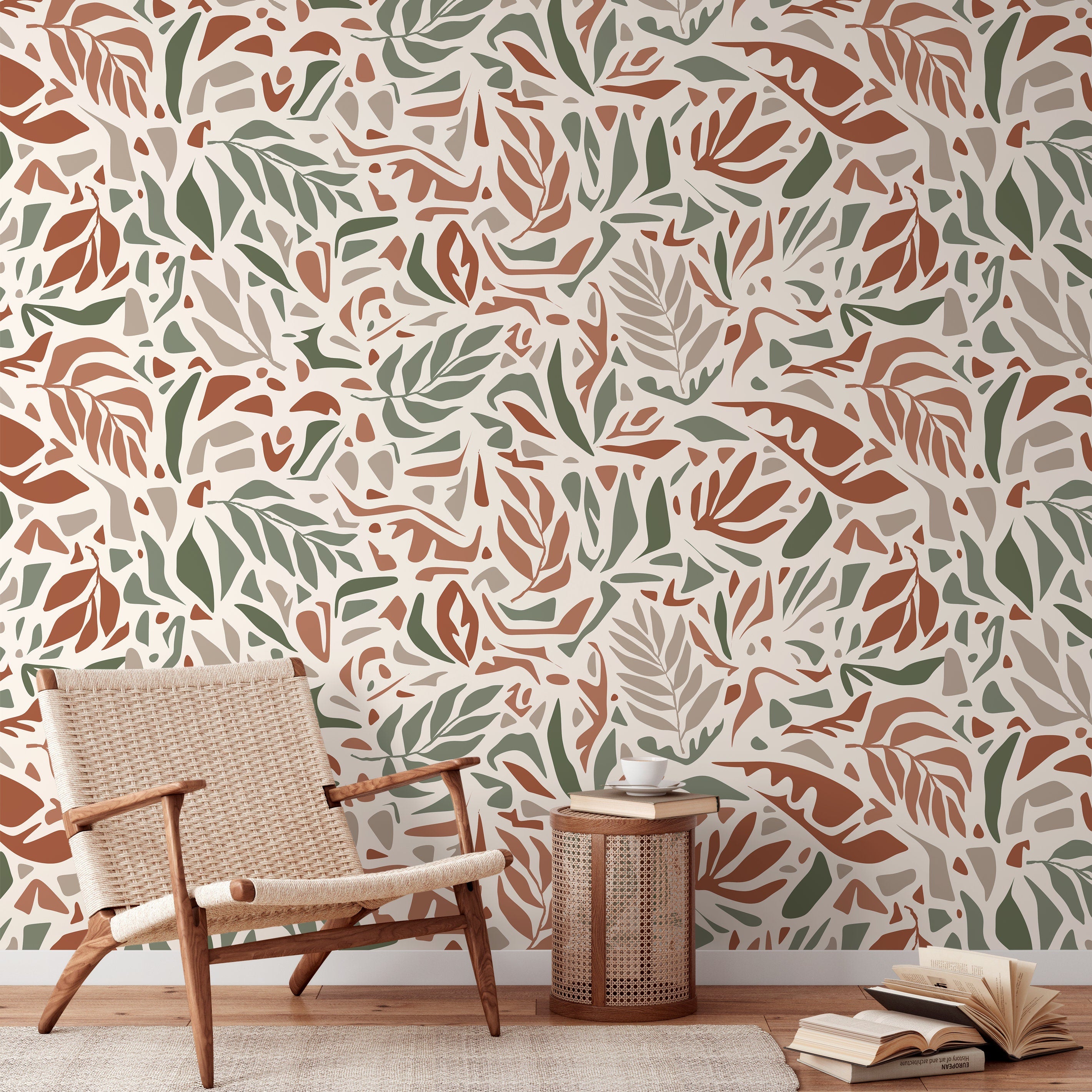 Abstract Wallpaper With An Abstract Botanical Motif In Taupe, Green, And Terracotta - D723
