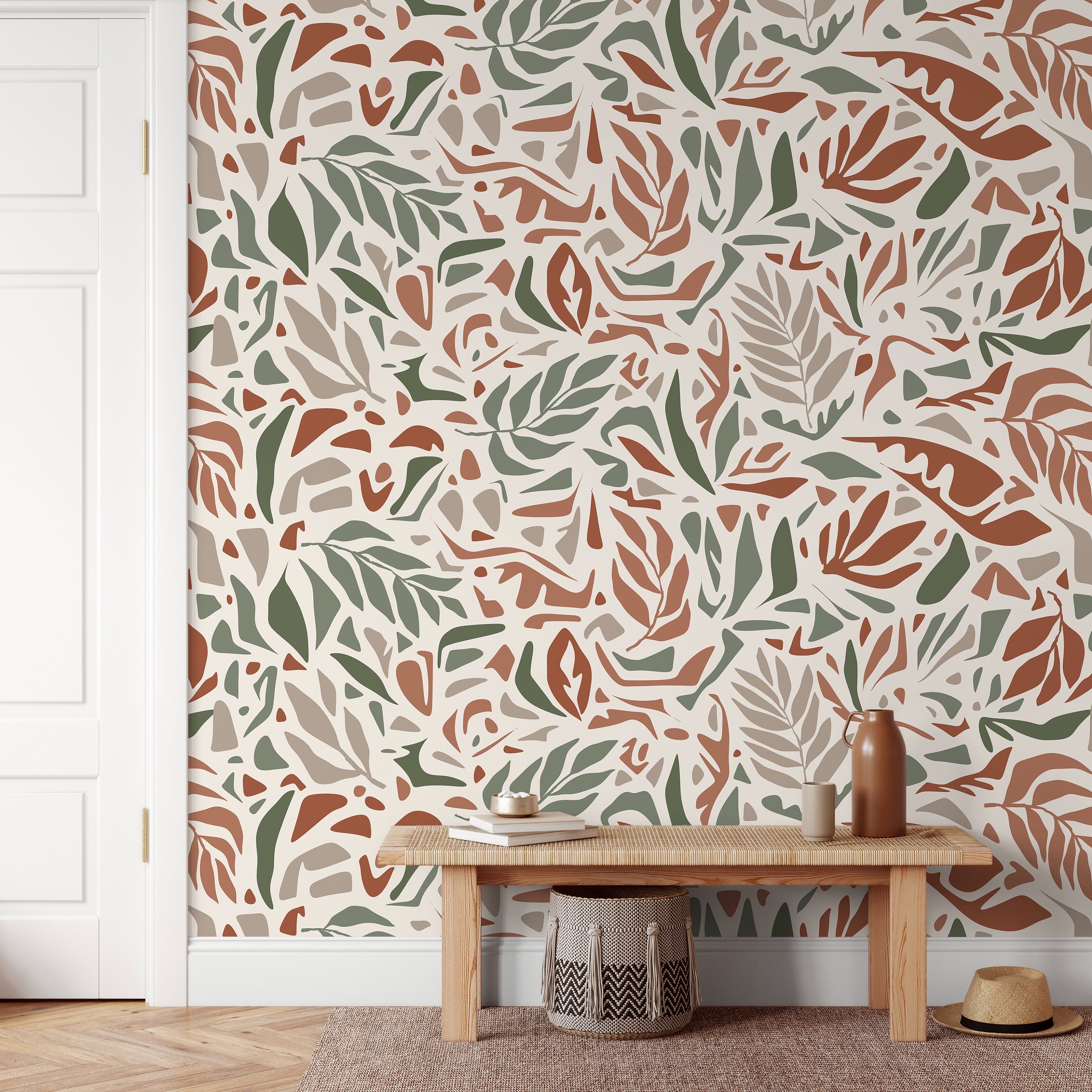 Abstract Wallpaper With An Abstract Botanical Motif In Taupe, Green, And Terracotta - D723