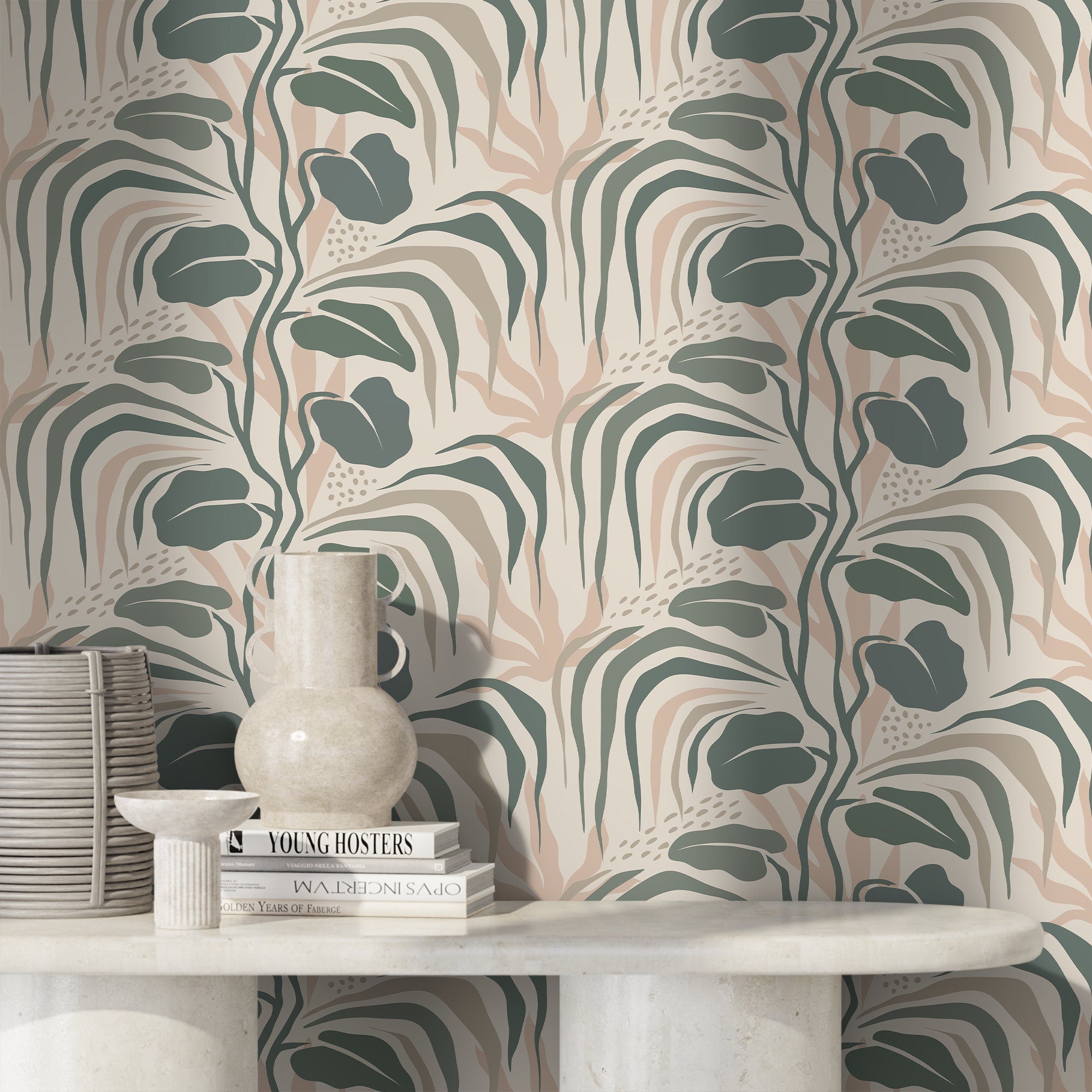 Botanical Wallpaper Featuring Abstract Foliage In Sage Green, Beige, And Pink - D720