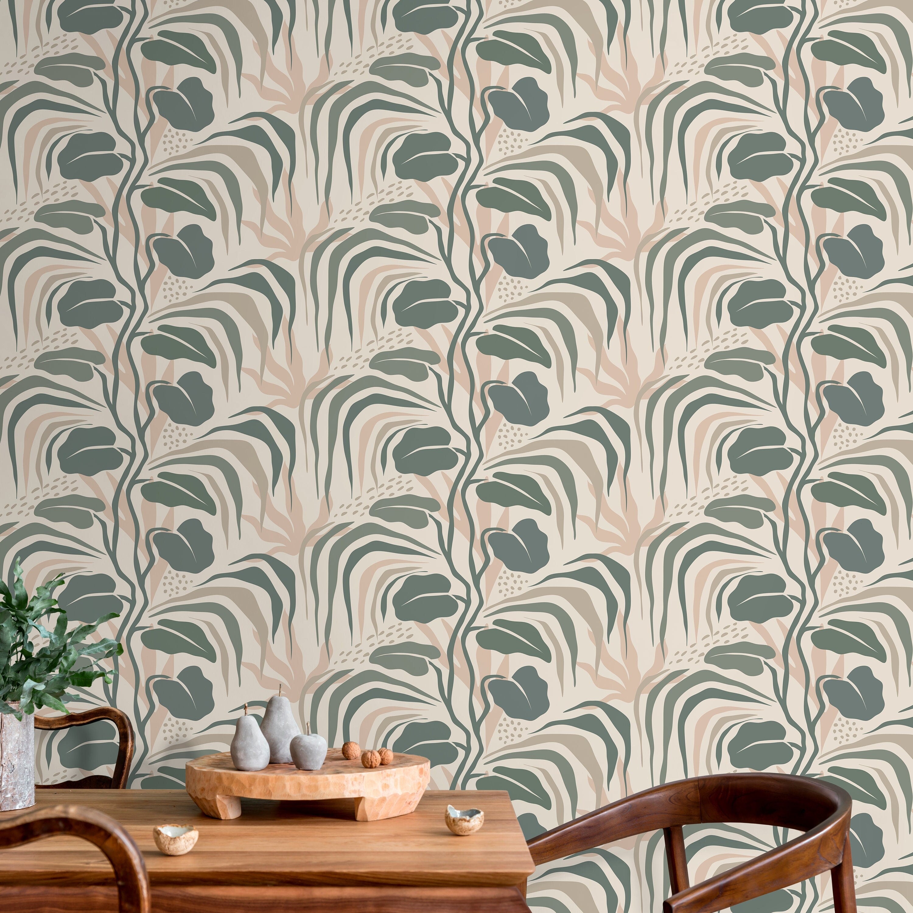 Botanical Wallpaper Featuring Abstract Foliage In Sage Green, Beige, And Pink - D720