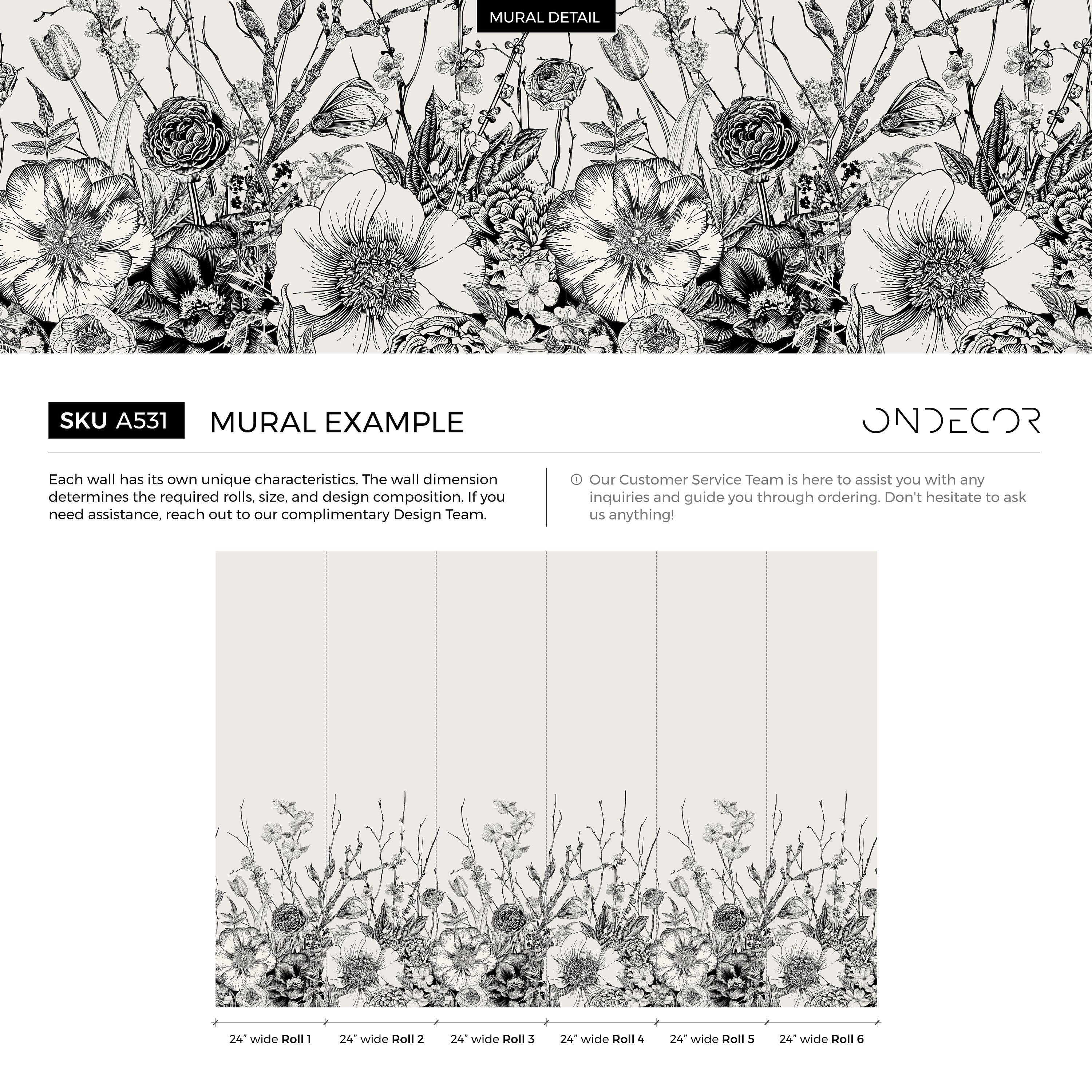 Floral Wallpaper With An Engraved Botanical Motif In Black And White - A531