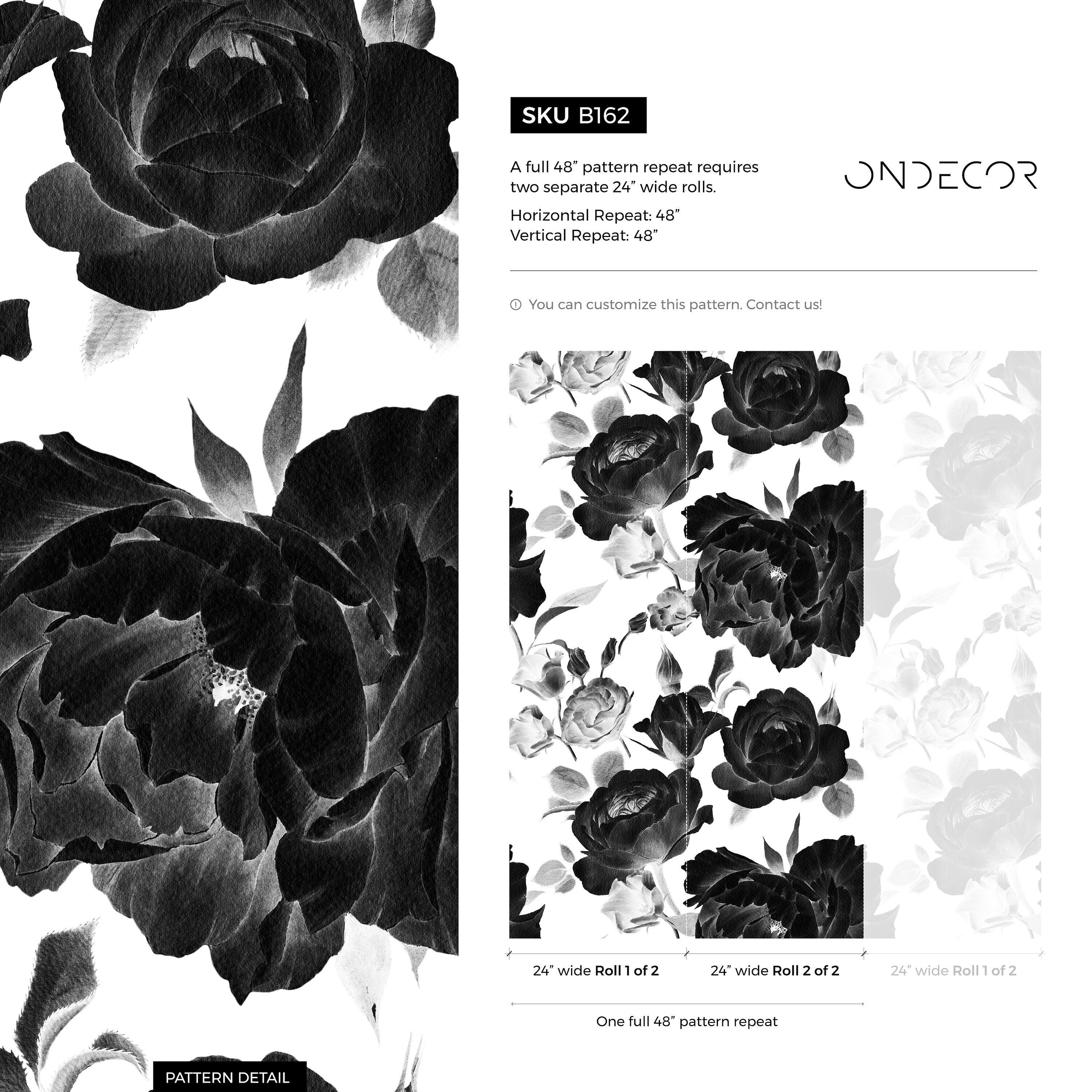 Floral Wallpaper With A Dramatic Rose Motif In Black And Gray - B162
