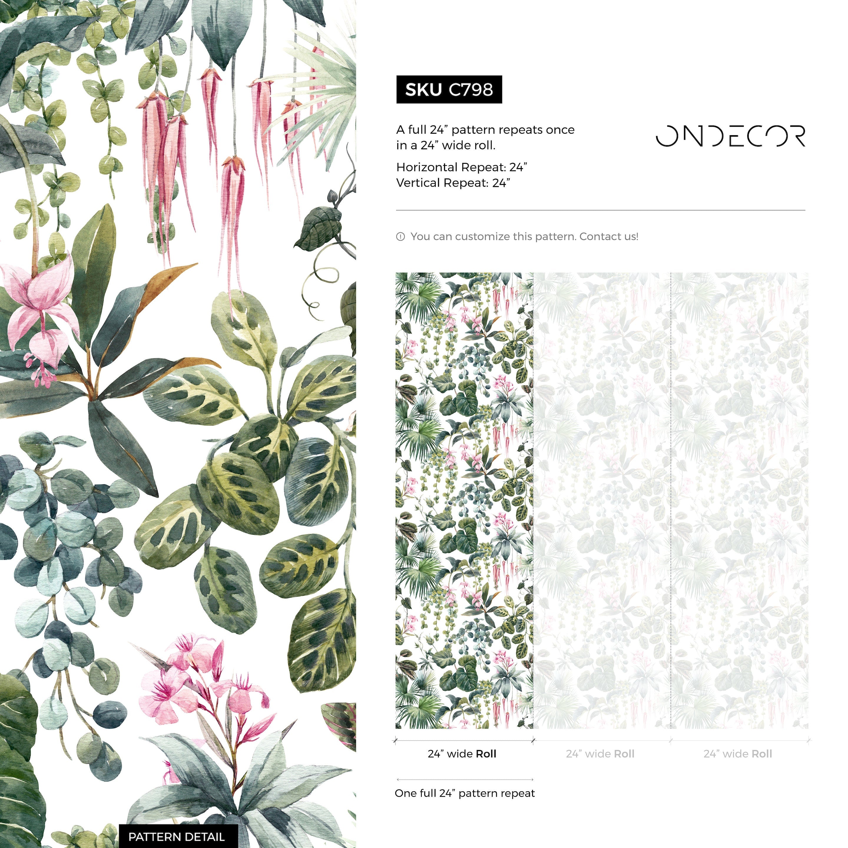 Botanical Wallpaper With Lush Jungle Foliage In Green And Pink - C798