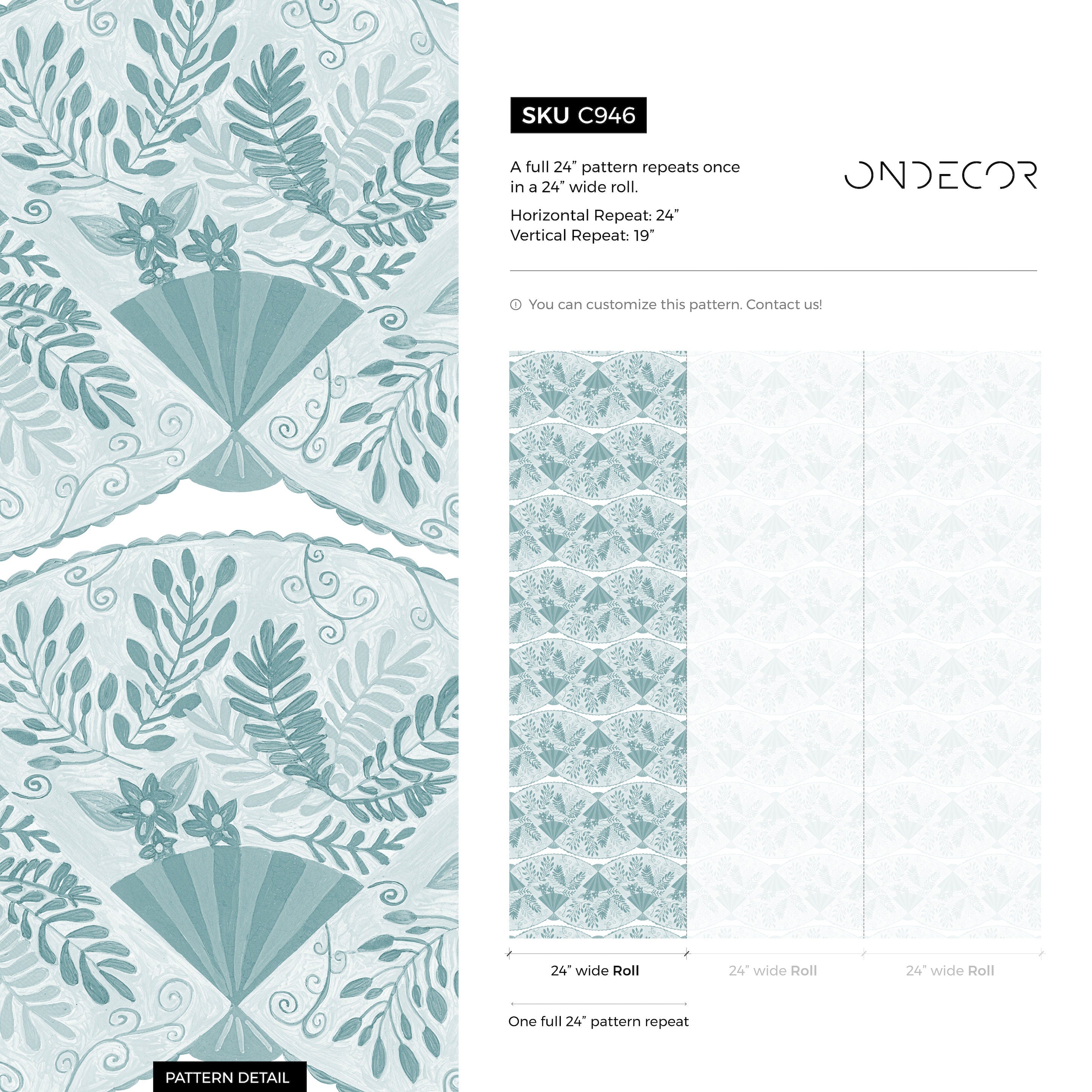 Art Deco Wallpaper With A Floral Fan Motif In Light Blue And White - C946