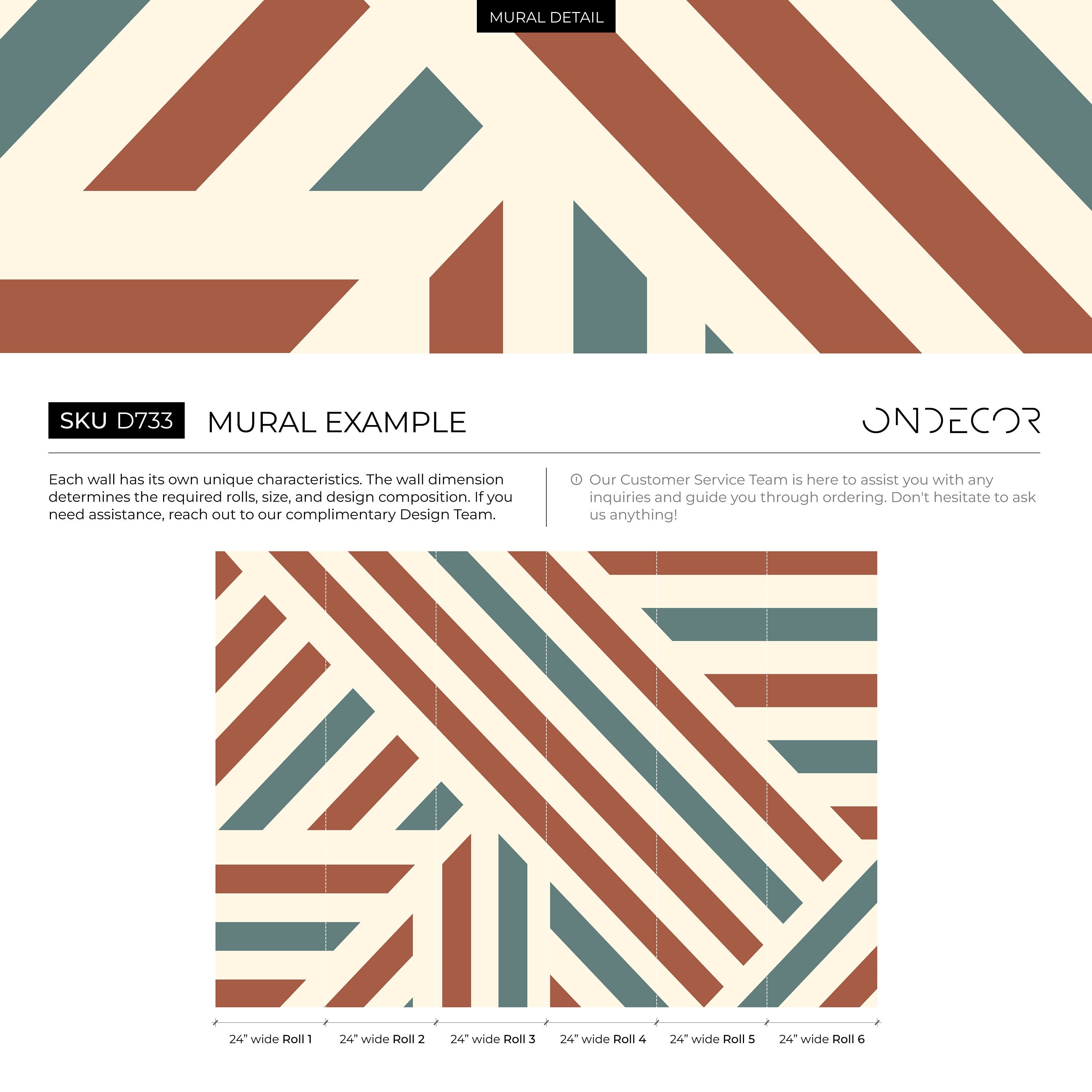 Geometric Wallpaper With Bold Stripes In Terracotta, Teal, And Cream - D733