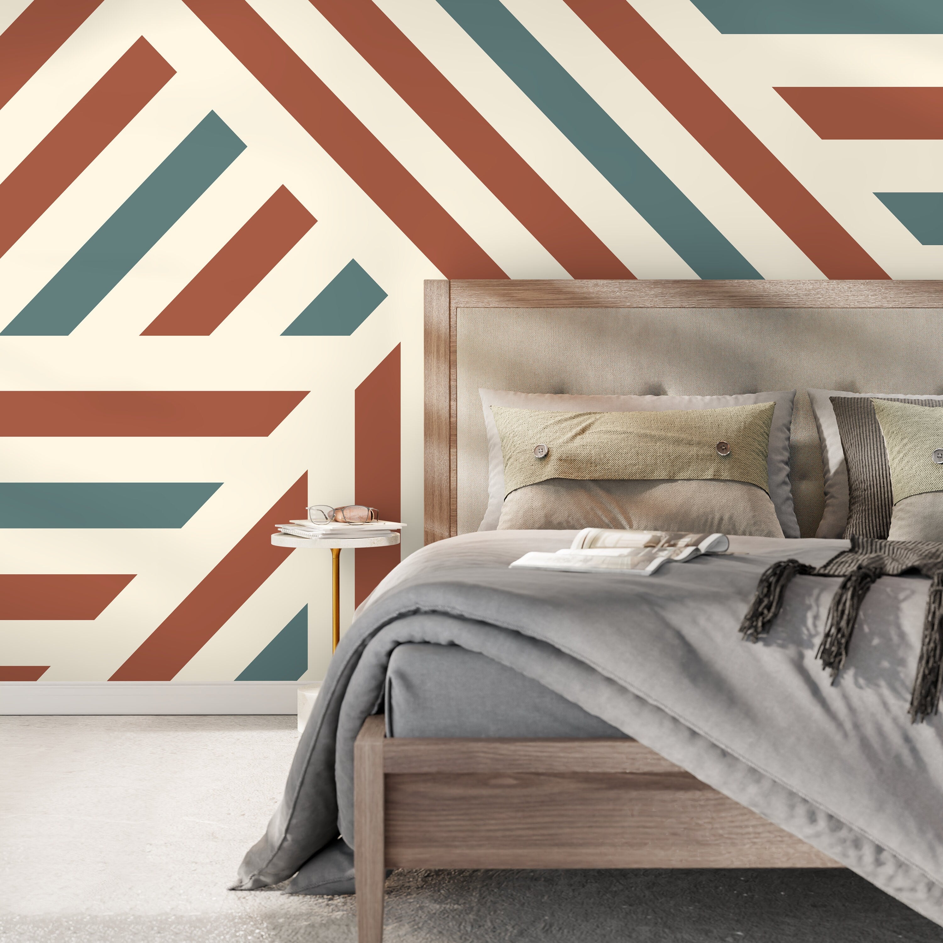 Geometric Wallpaper With Bold Stripes In Terracotta, Teal, And Cream - D733