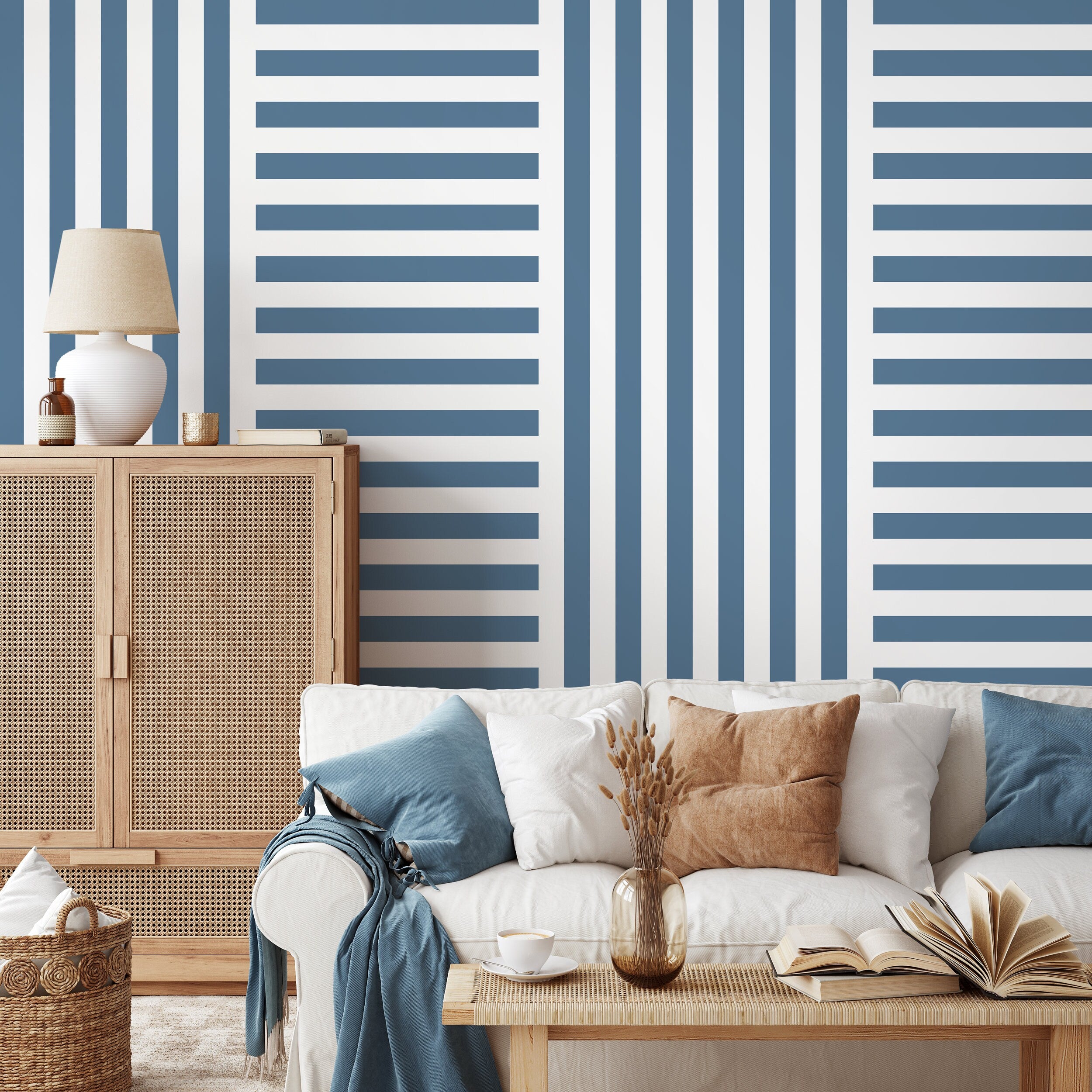 Geometric Wallpaper With Alternating Stripes In Blue And White - D738