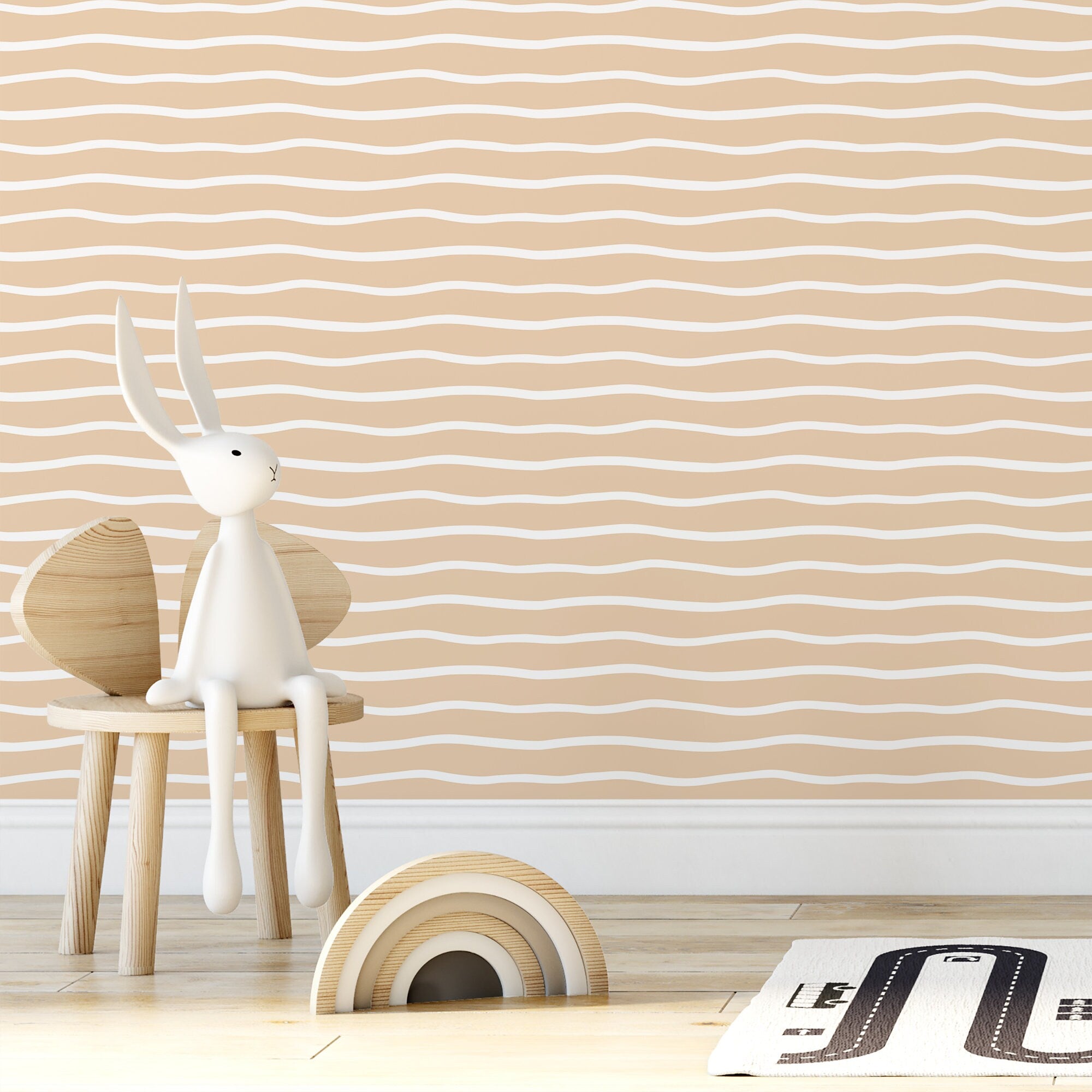 Abstract Wallpaper With A Wavy Line Motif In Beige And White - D748