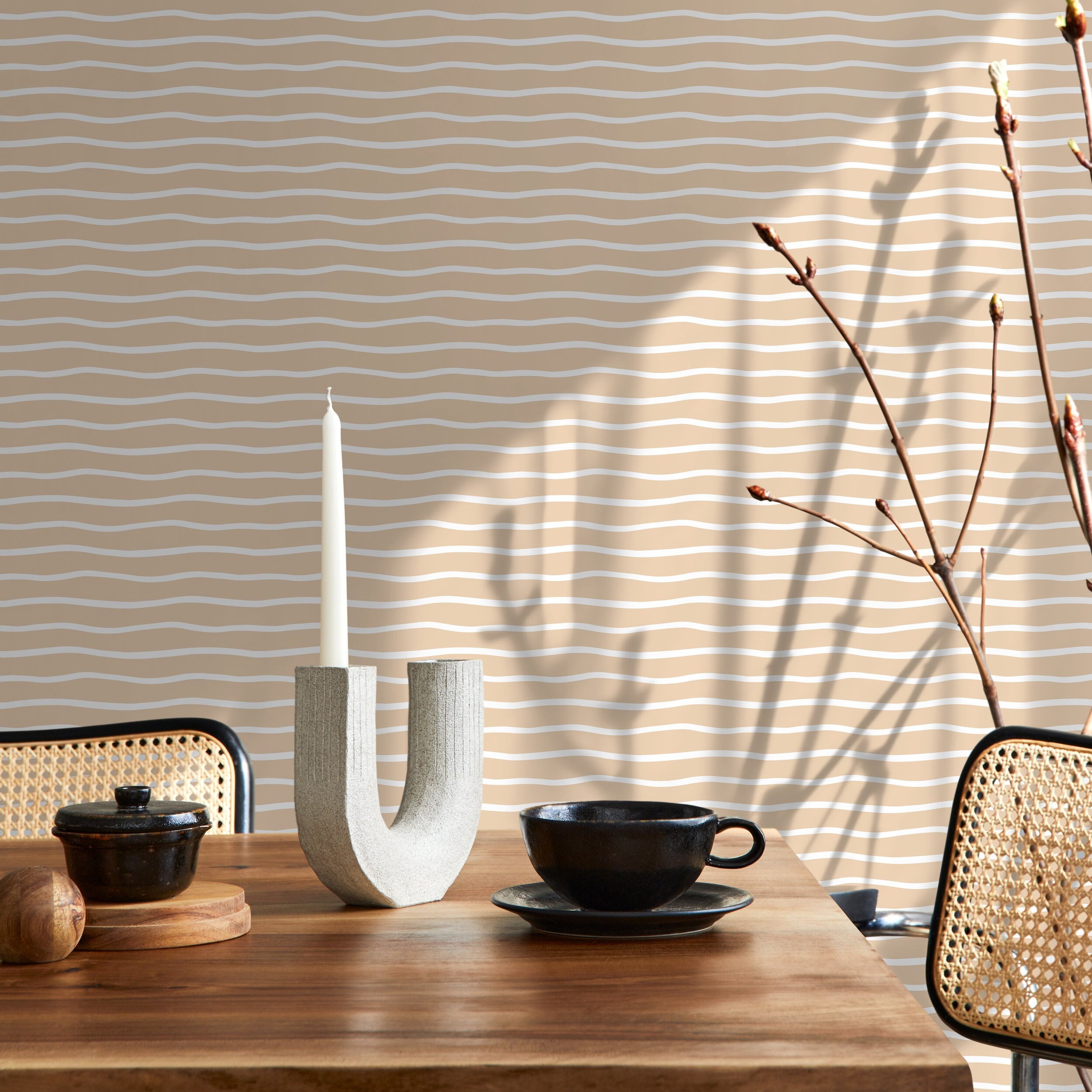Abstract Wallpaper With A Wavy Line Motif In Beige And White - D748