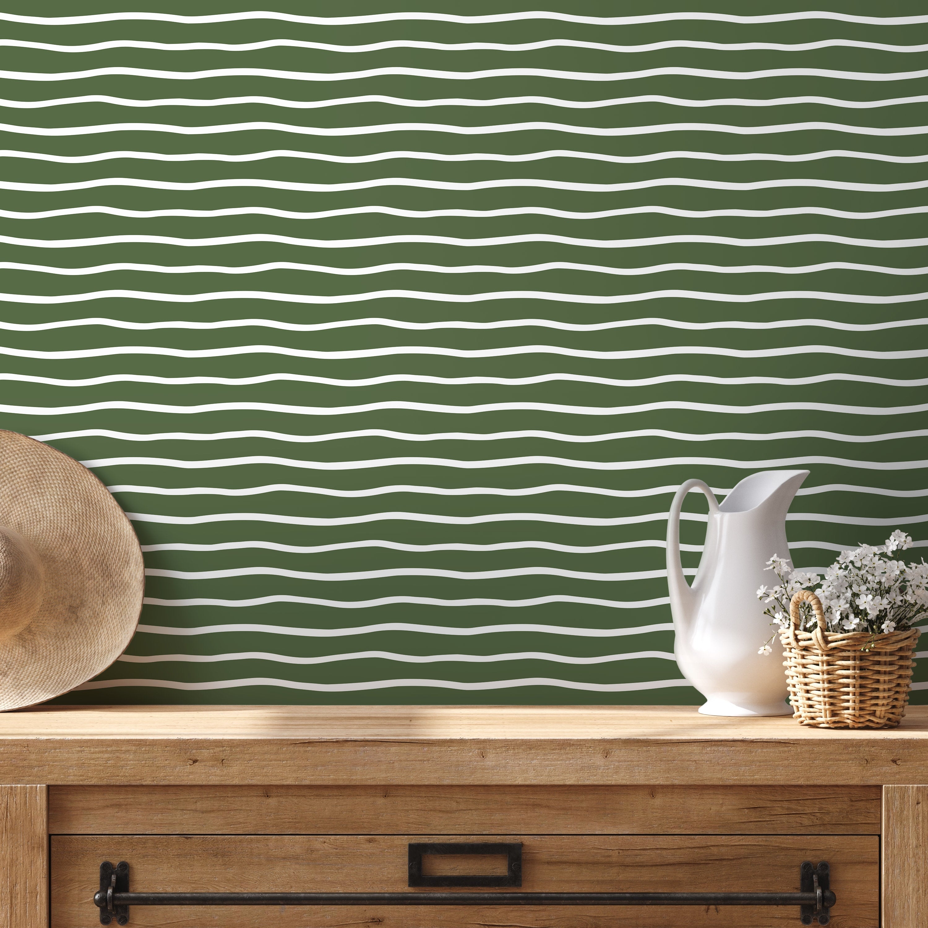 Abstract Wallpaper With Wavy Horizontal Lines In Dark Green And White - D750