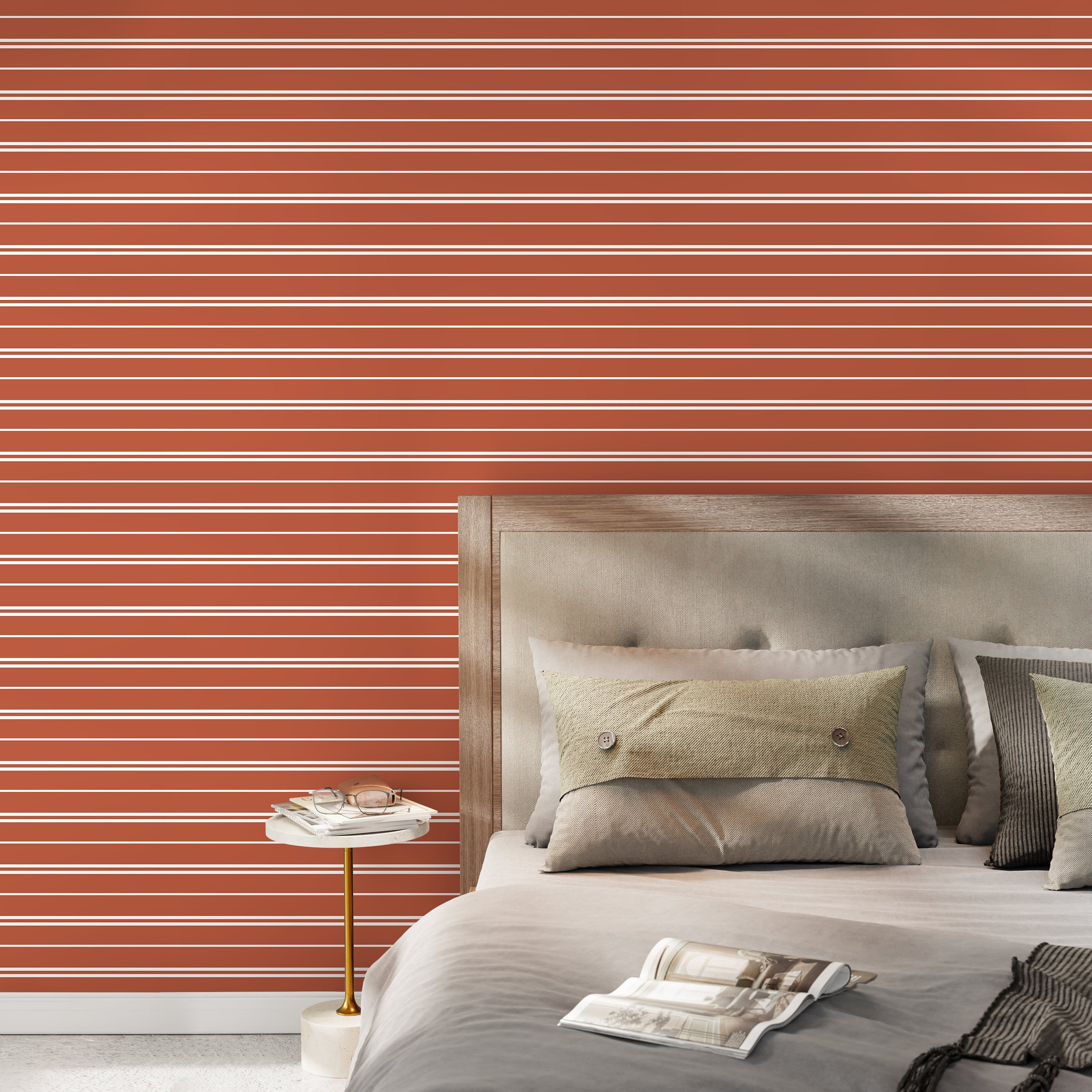 Striped Wallpaper Featuring Modern Pinstripes In Terracotta And White - D761