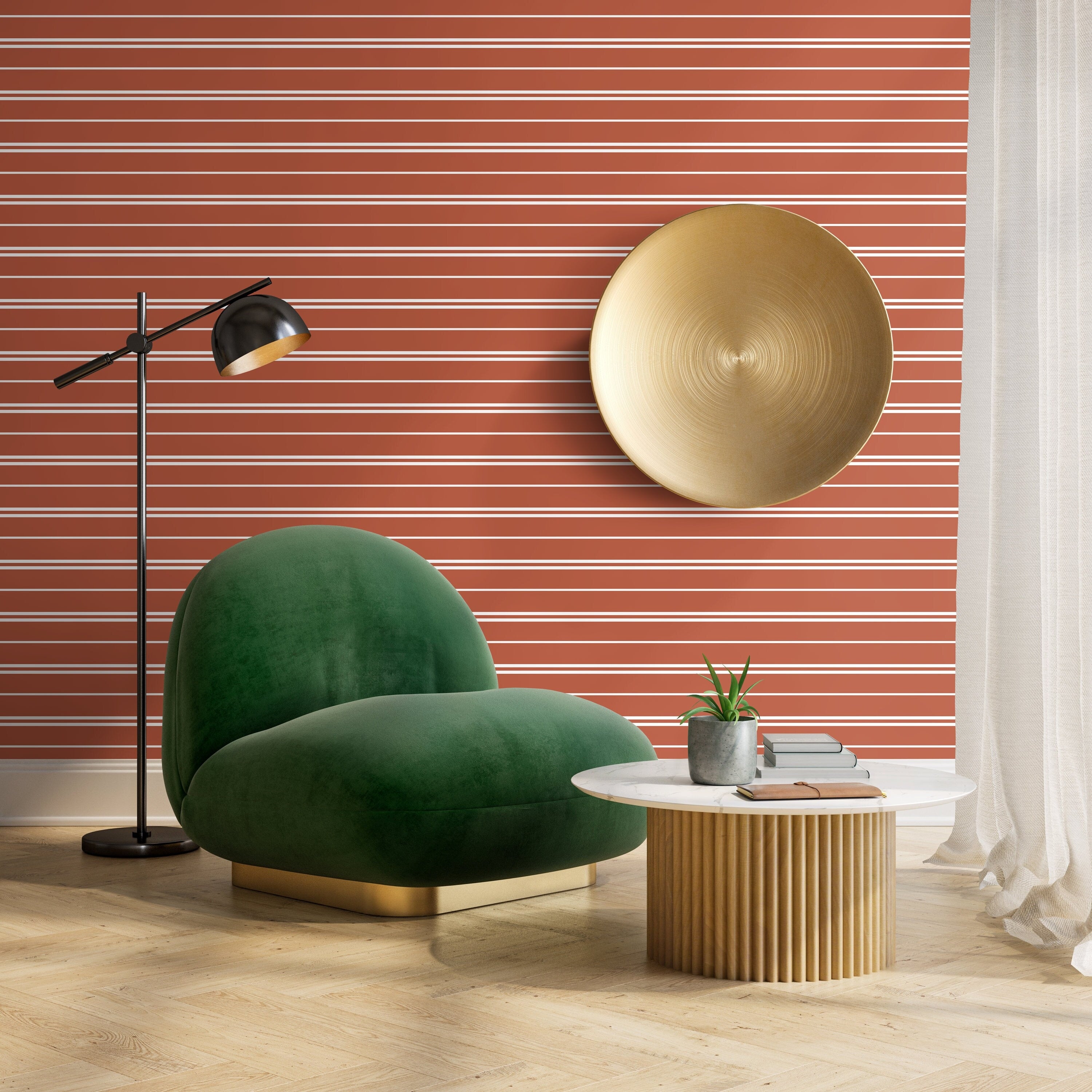Striped Wallpaper Featuring Modern Pinstripes In Terracotta And White - D761