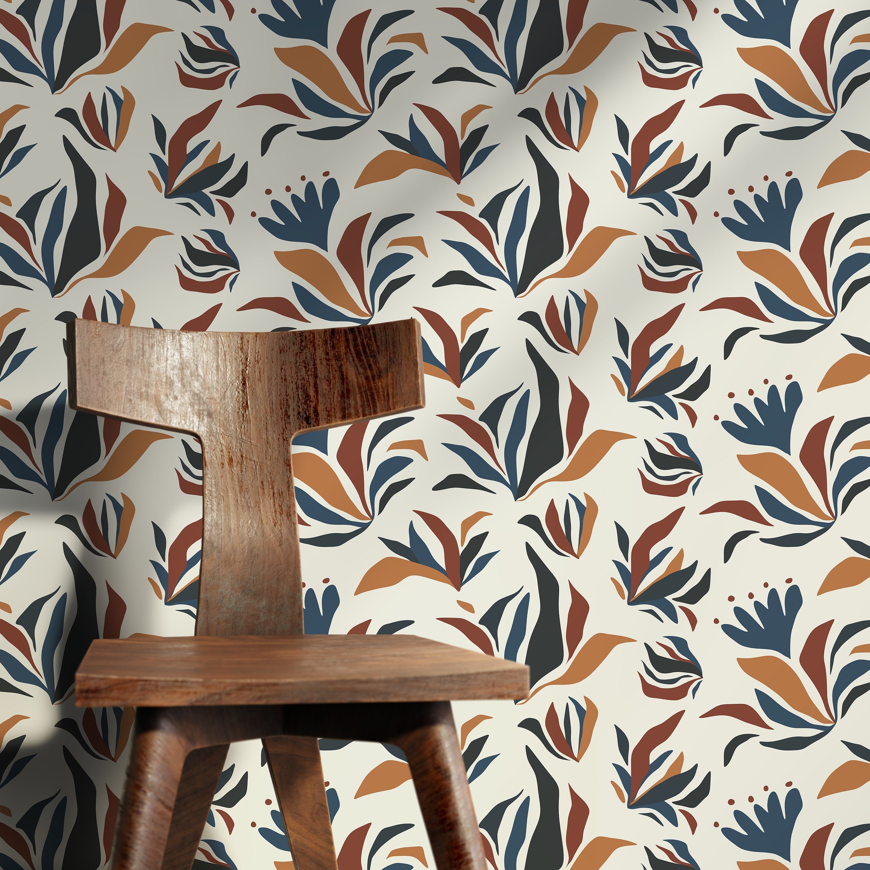 Abstract Floral Wallpaper With Botanical Shapes In Blue, Rust, And Black - D726