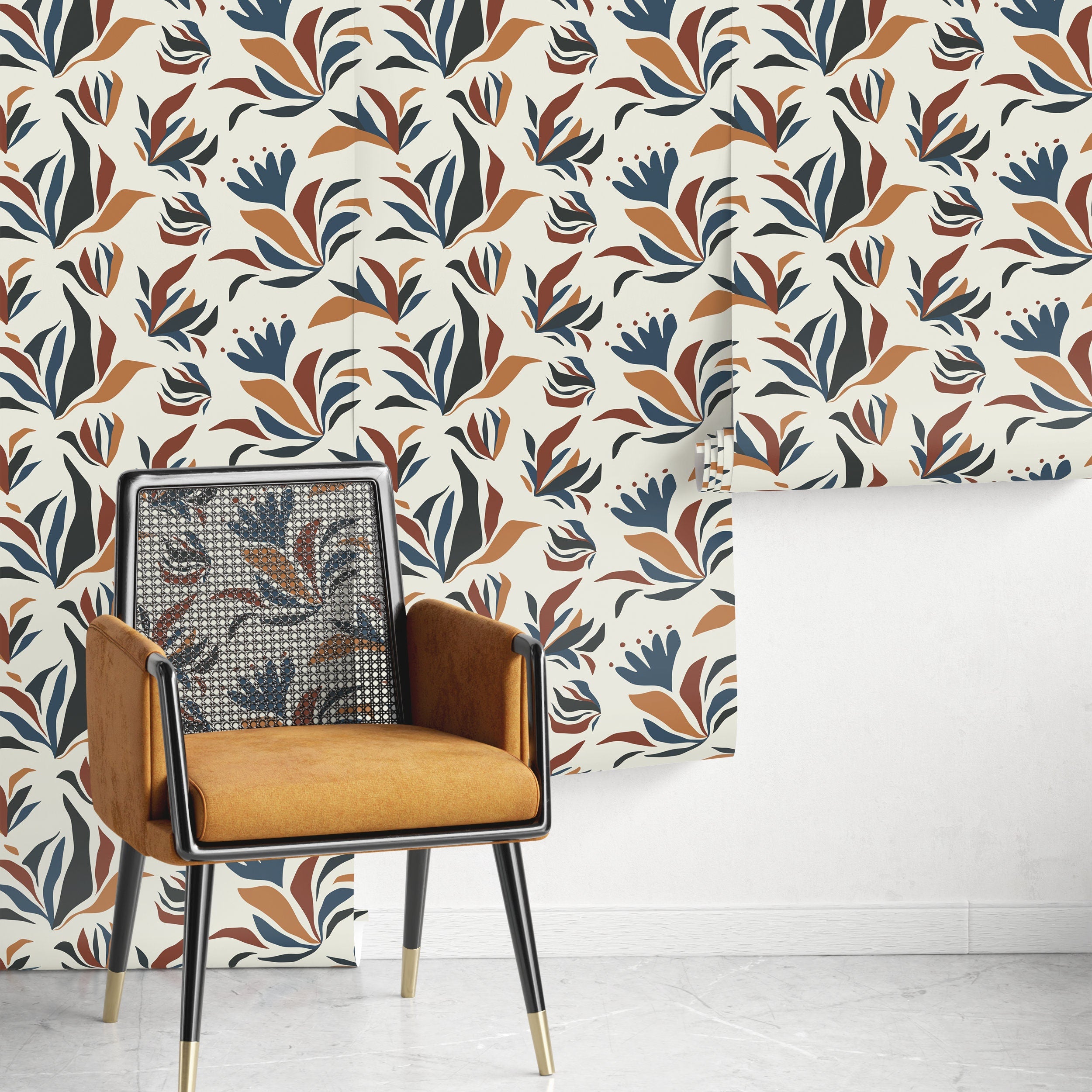 Abstract Floral Wallpaper With Botanical Shapes In Blue, Rust, And Black - D726