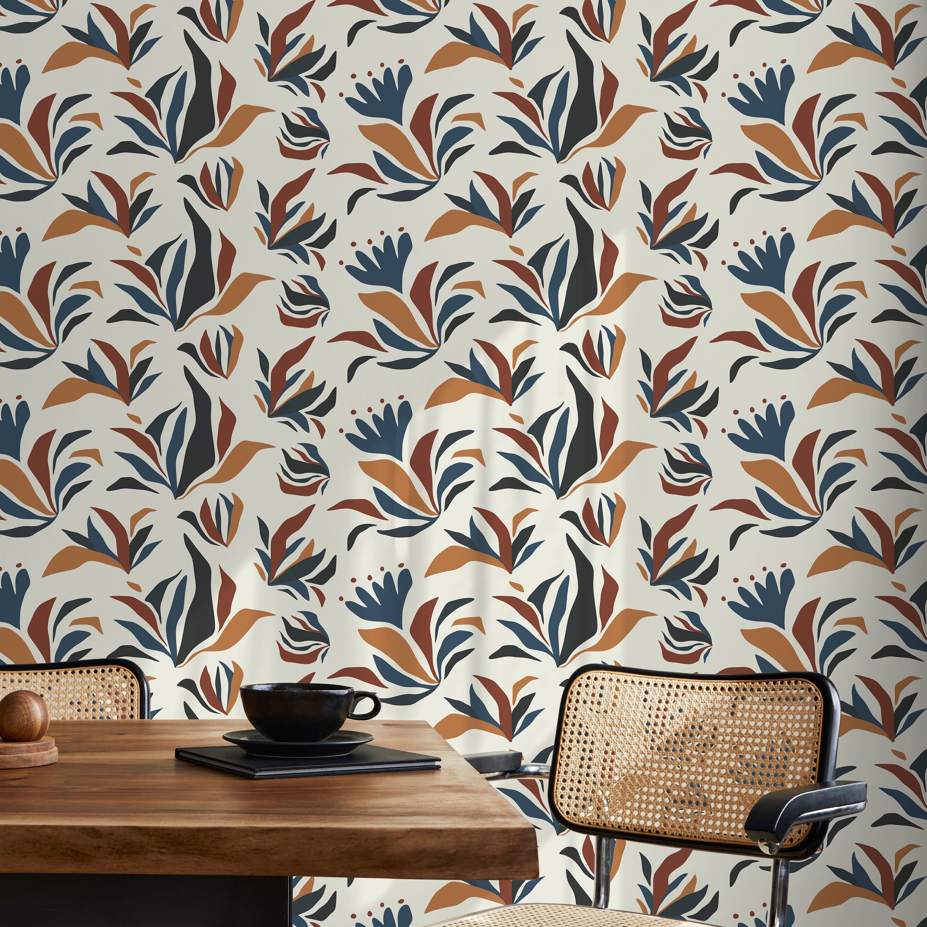 Abstract Floral Wallpaper With Botanical Shapes In Blue, Rust, And Black - D726
