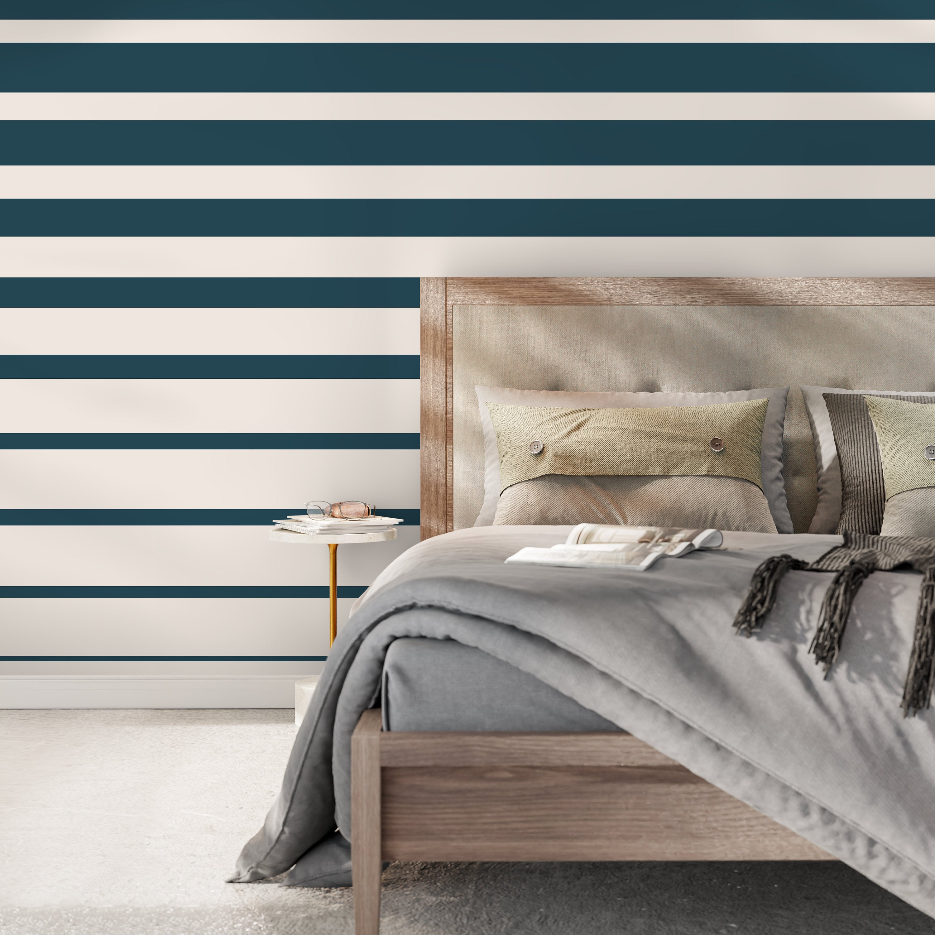 Striped Wallpaper With A Bold Horizontal Pattern In Dark Teal And Cream - D729