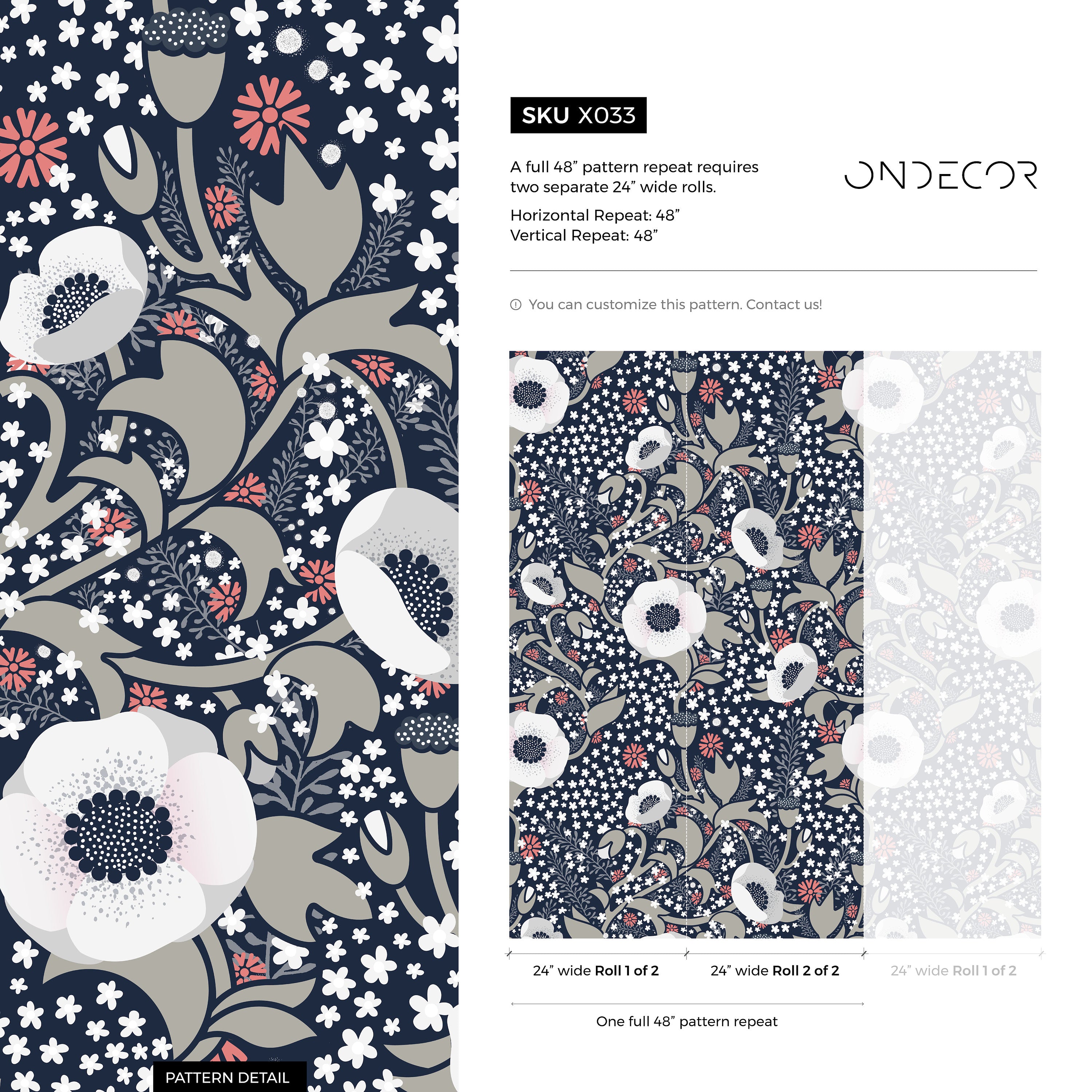 Floral Wallpaper With Stylized Anemones In Navy Blue, Coral, And Gray - X033