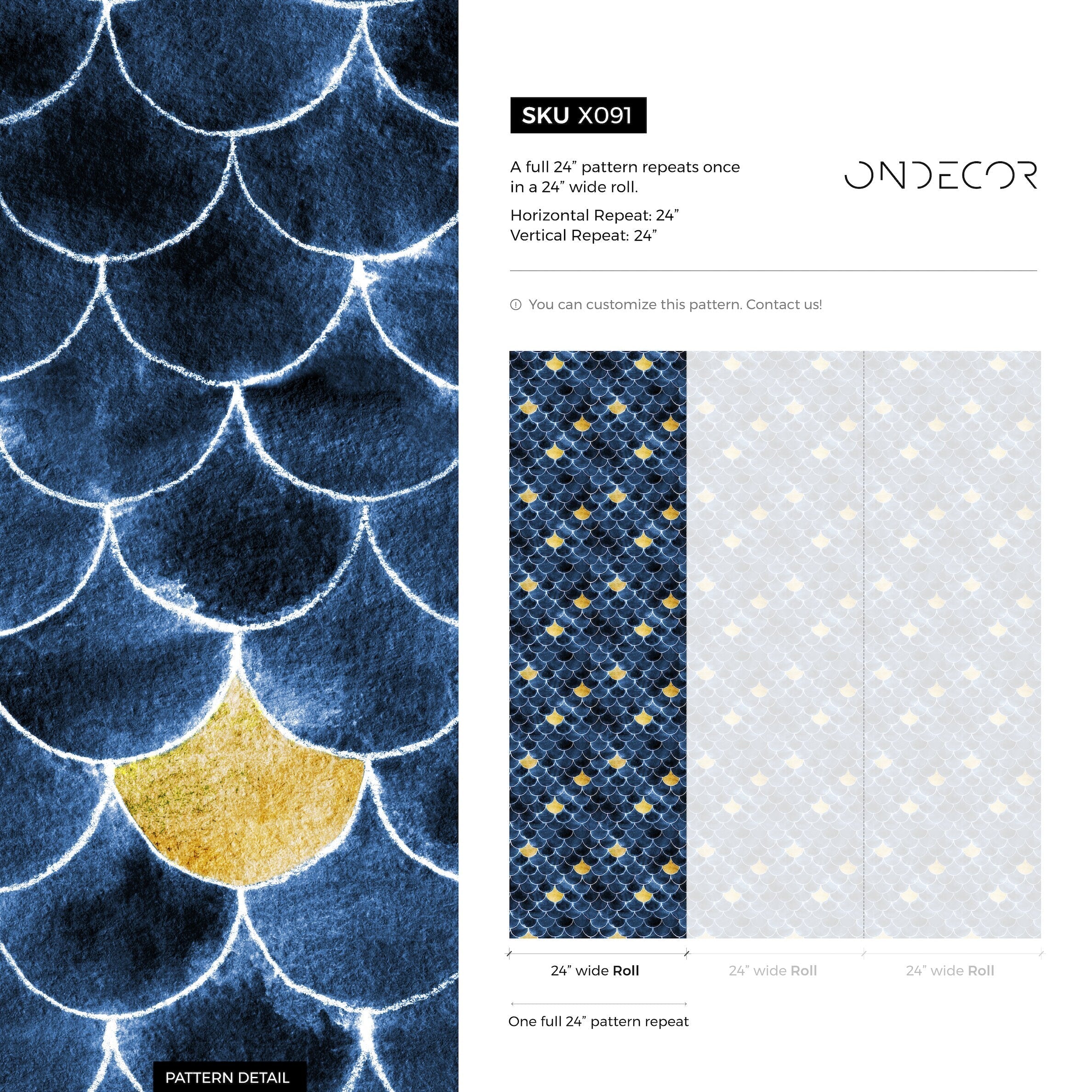 Scallop Wallpaper With A Watercolor Fish Scale Motif In Blue, Gold, And White - X091