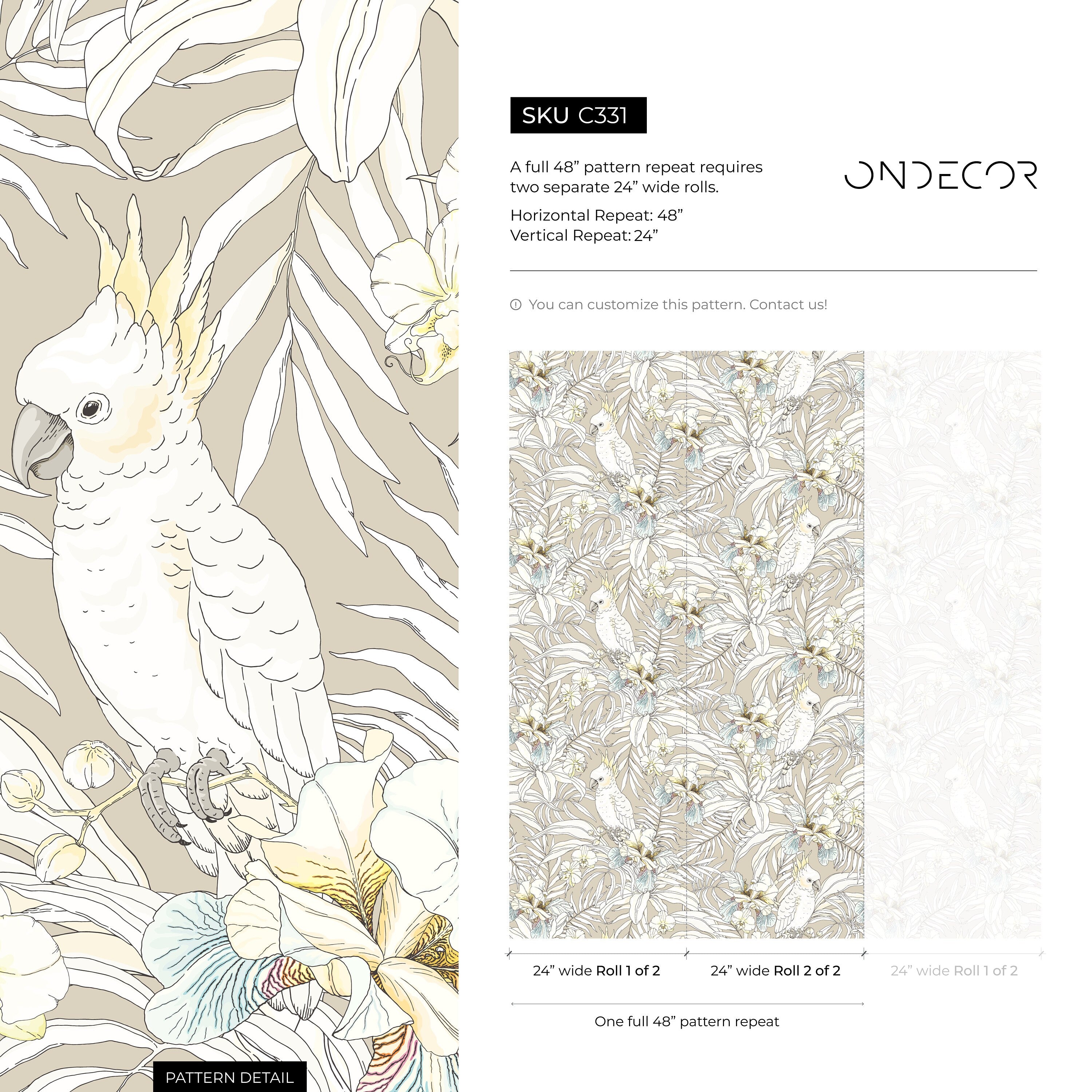 Tropical Wallpaper With Cockatoos And Orchids In Beige, Blue, And Yellow - C331